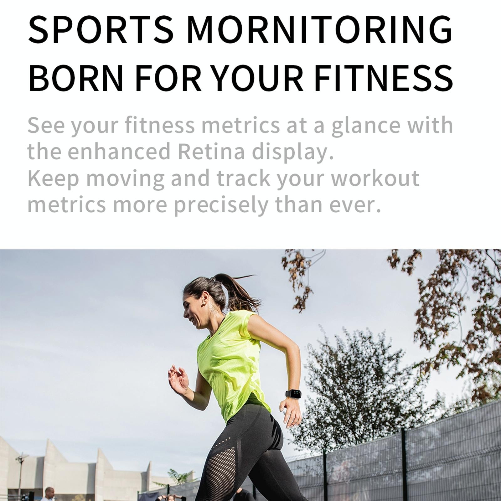 Person running outdoors with fitness tracker text overlay about monitoring fitness metrics.