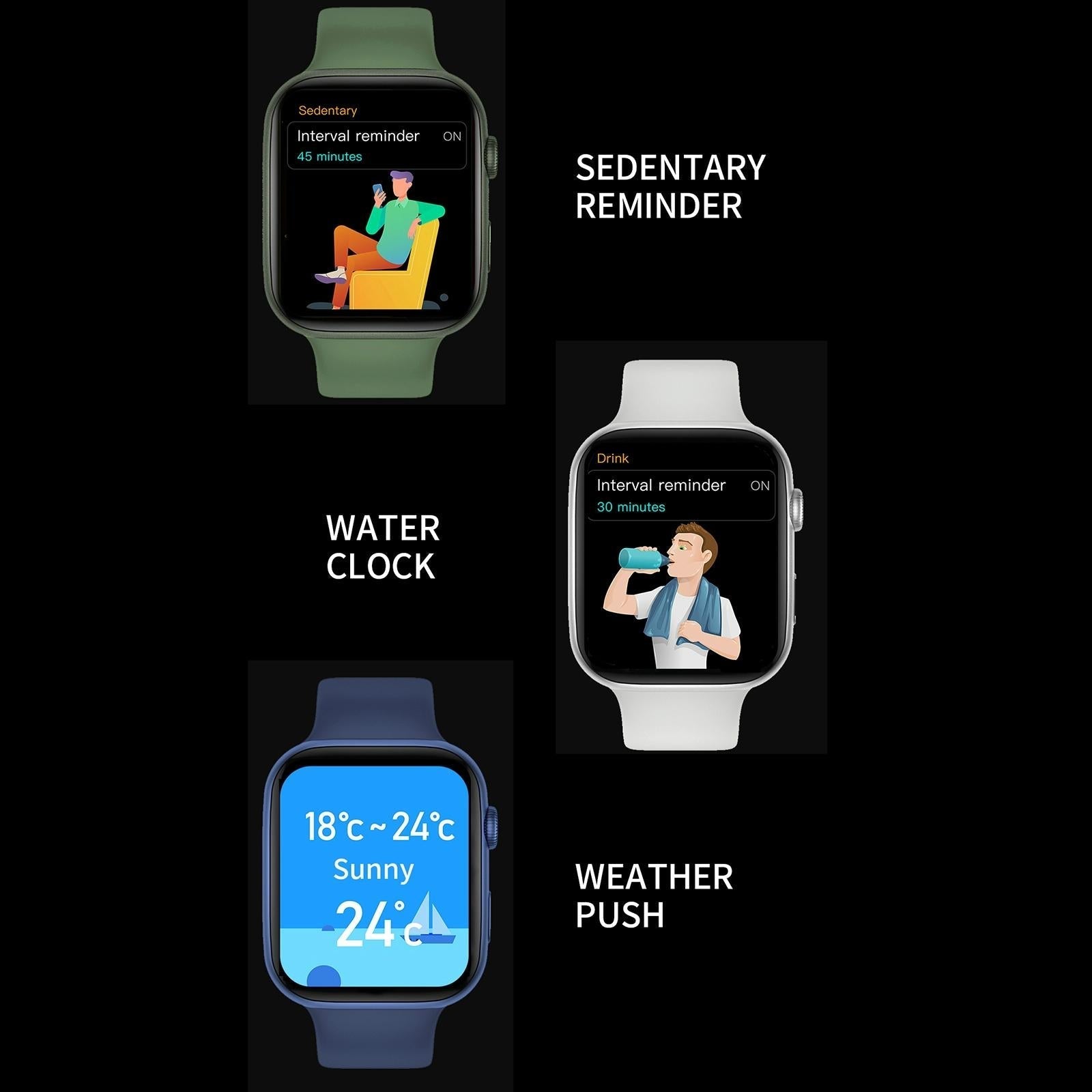 Smartwatch displaying sedentary reminder, water clock, and weather push notifications on a black background.