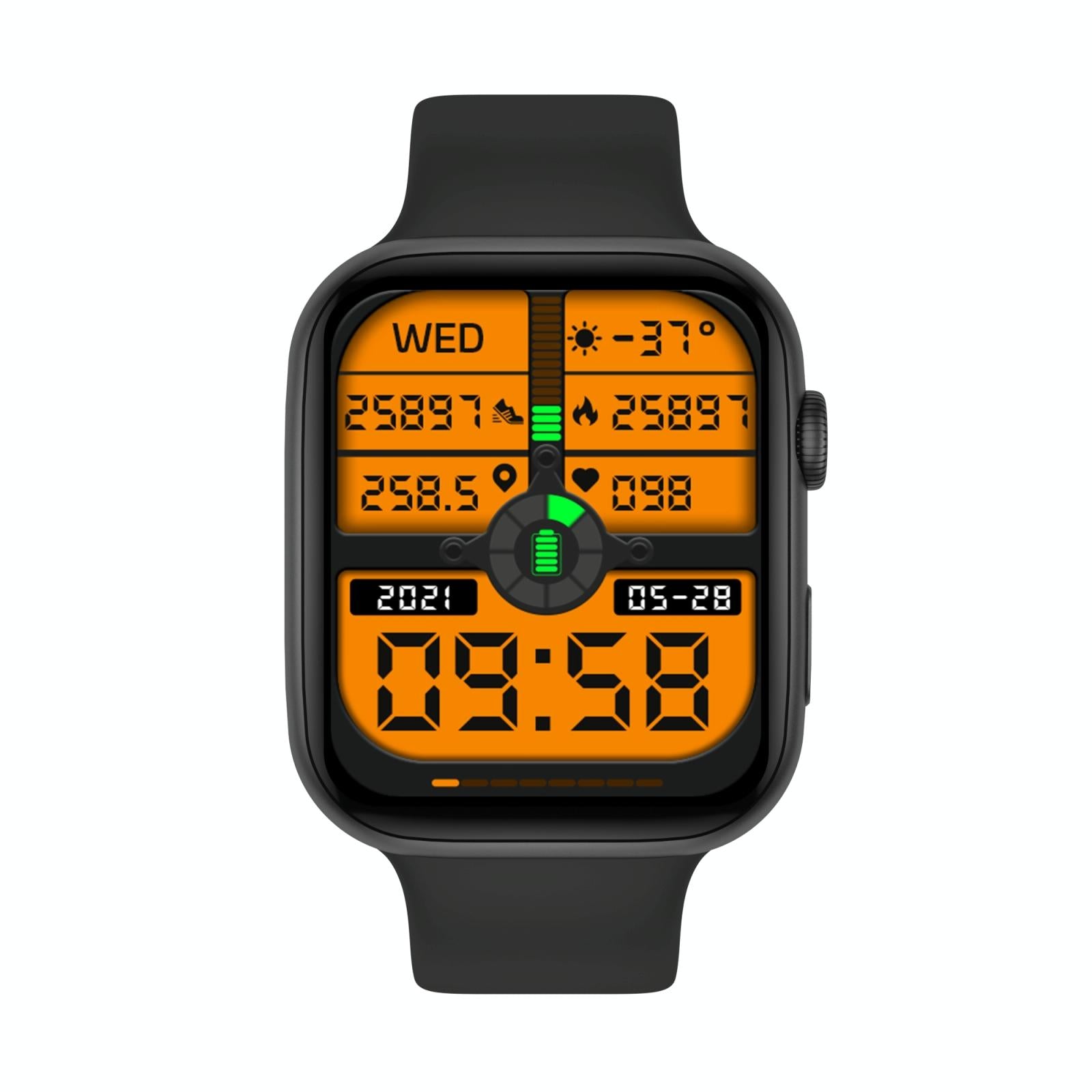 Digital watch with black strap and orange display on a white background