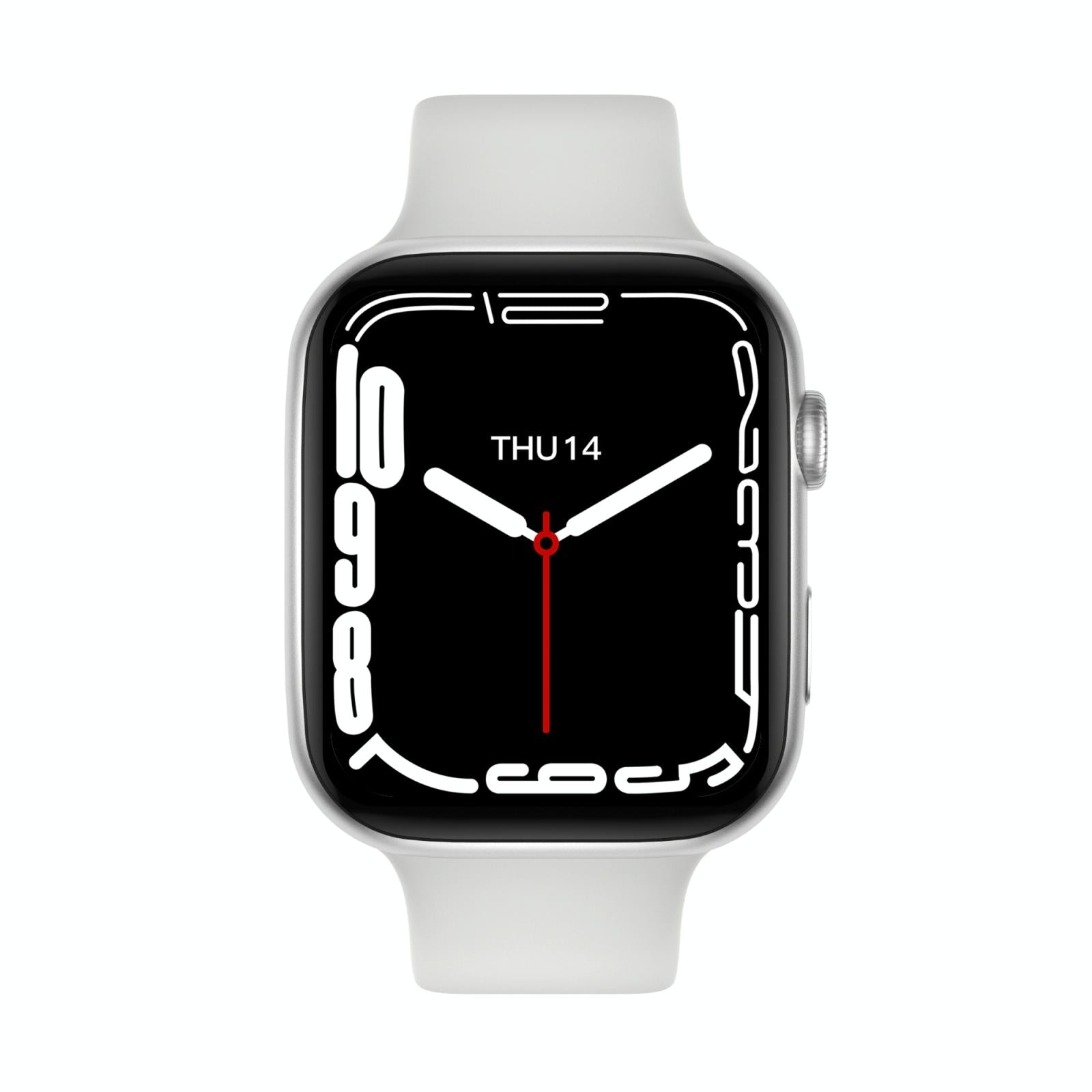Smartwatch with a black screen displaying the time and date on a white background