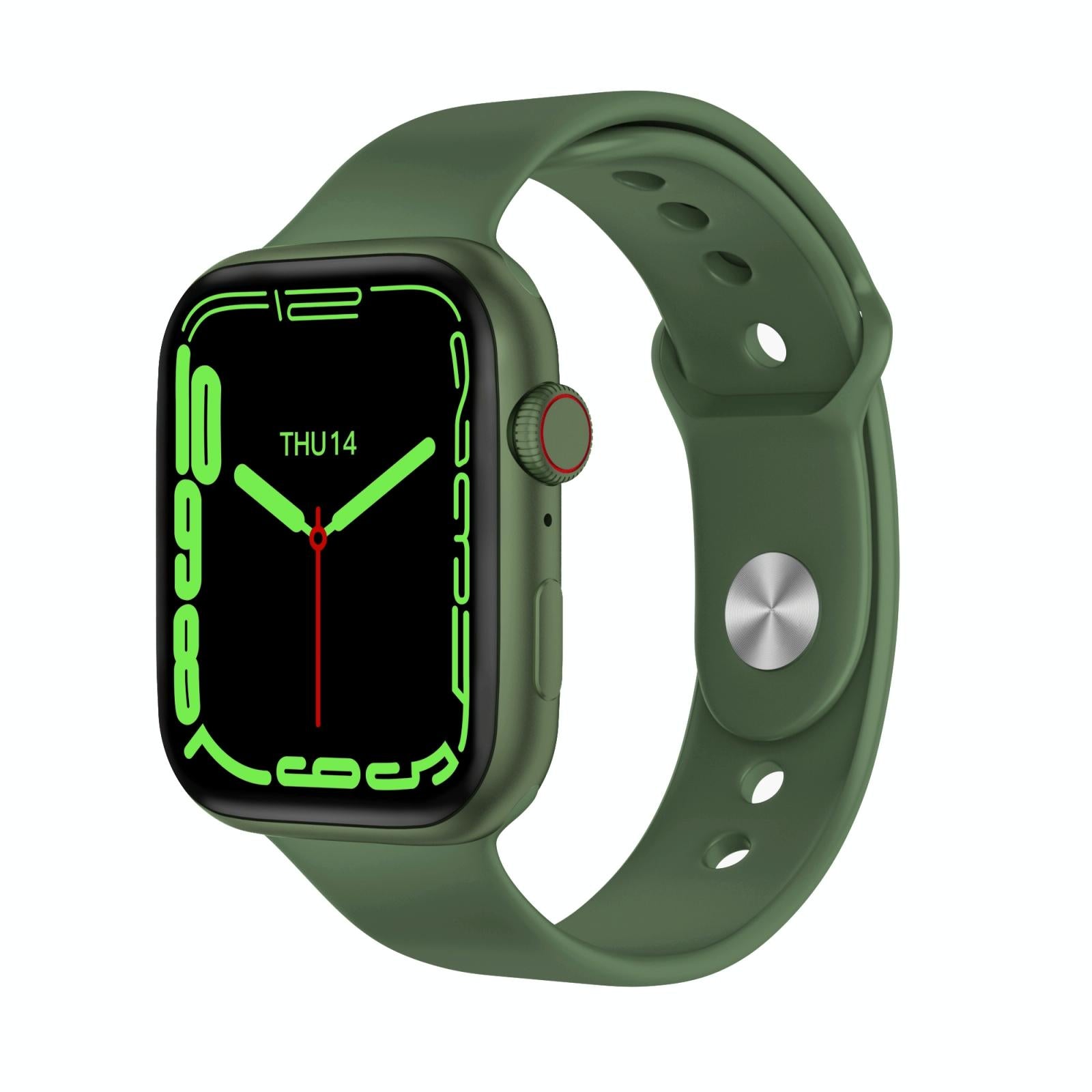 Green smartwatch with a digital display on a white background