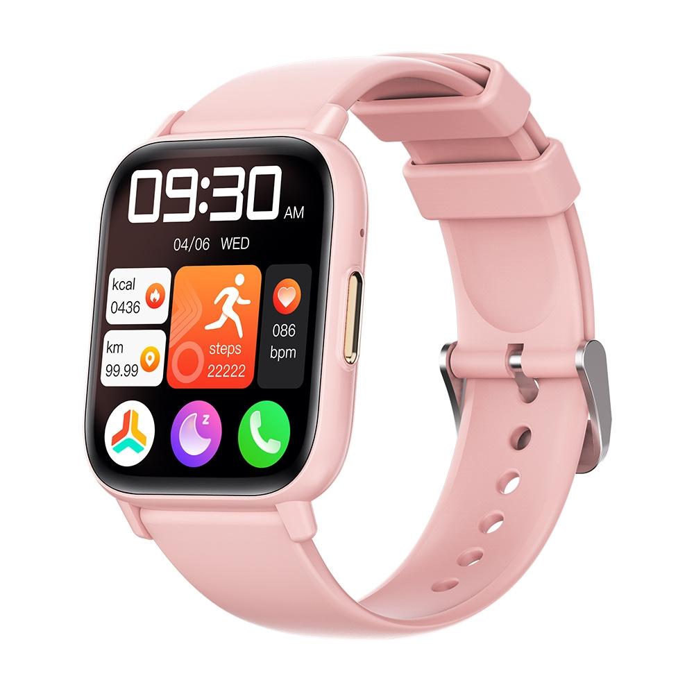 Pink smartwatch with a colorful display on a white background