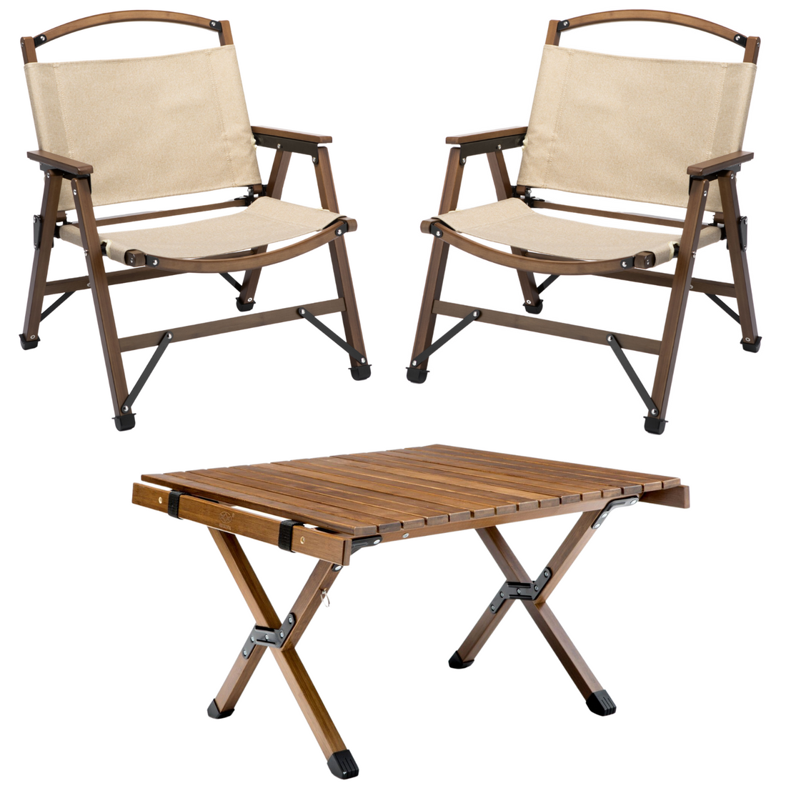 Two folding chairs and a small table on a white background