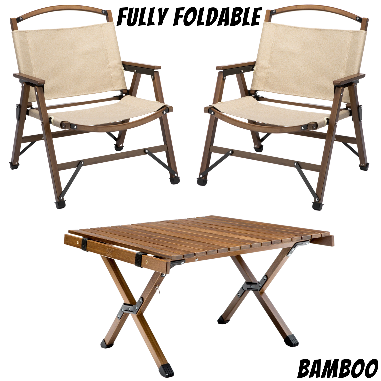 Two fully foldable chairs and a matching table with bamboo design on a white background.