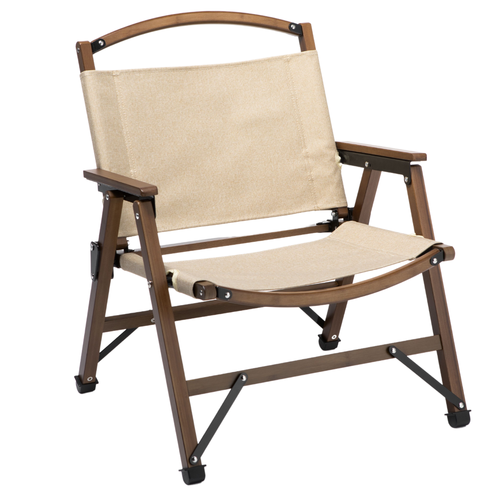 Beige folding chair with wooden frame on a white background