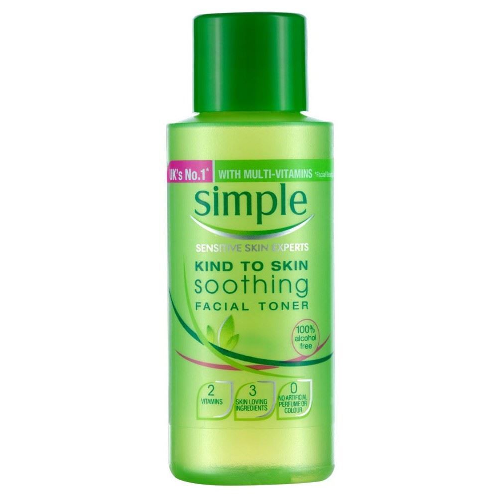Green bottle of Simple Kind to Skin Soothing Facial Toner on a white background