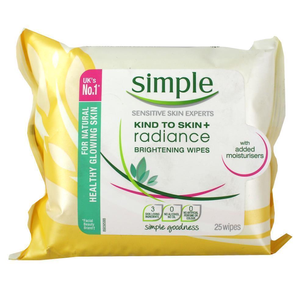 Package of Simple Kind to Skin + Radiance Brightening Wipes on a white background