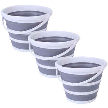 Set of three gray and white collapsible buckets on a white background