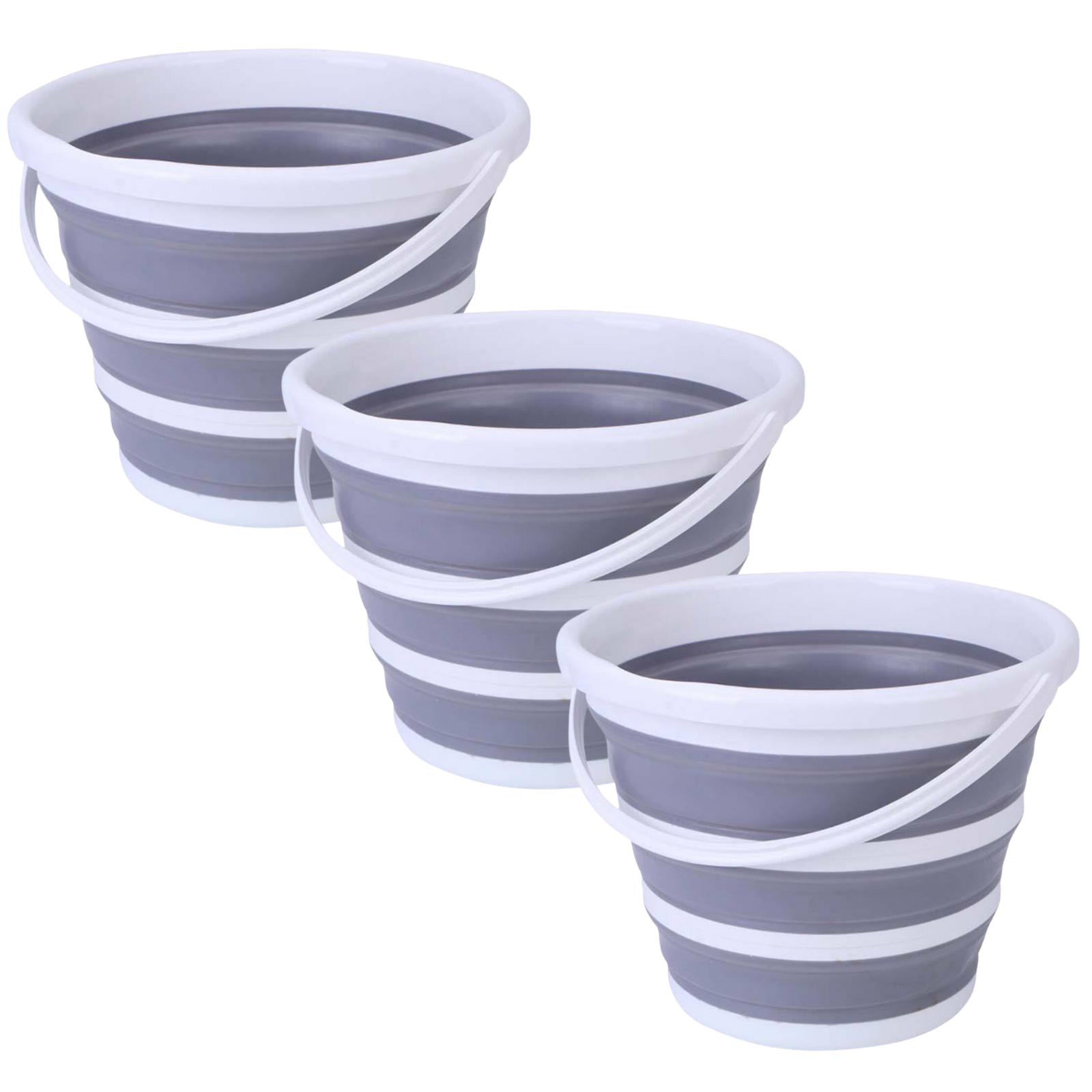 Set of three gray and white collapsible buckets on a white background