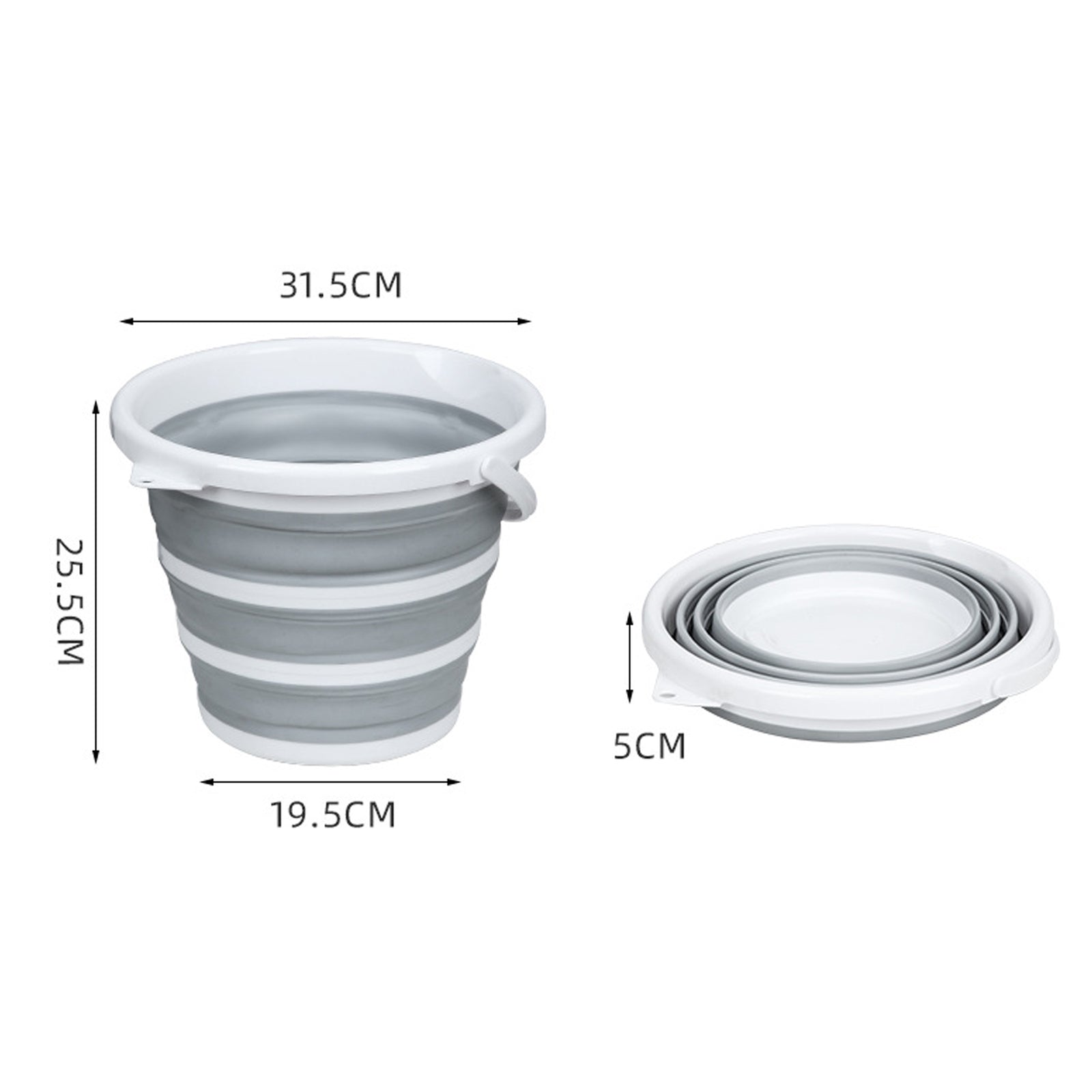 Collapsible gray pot with measurements on a white background