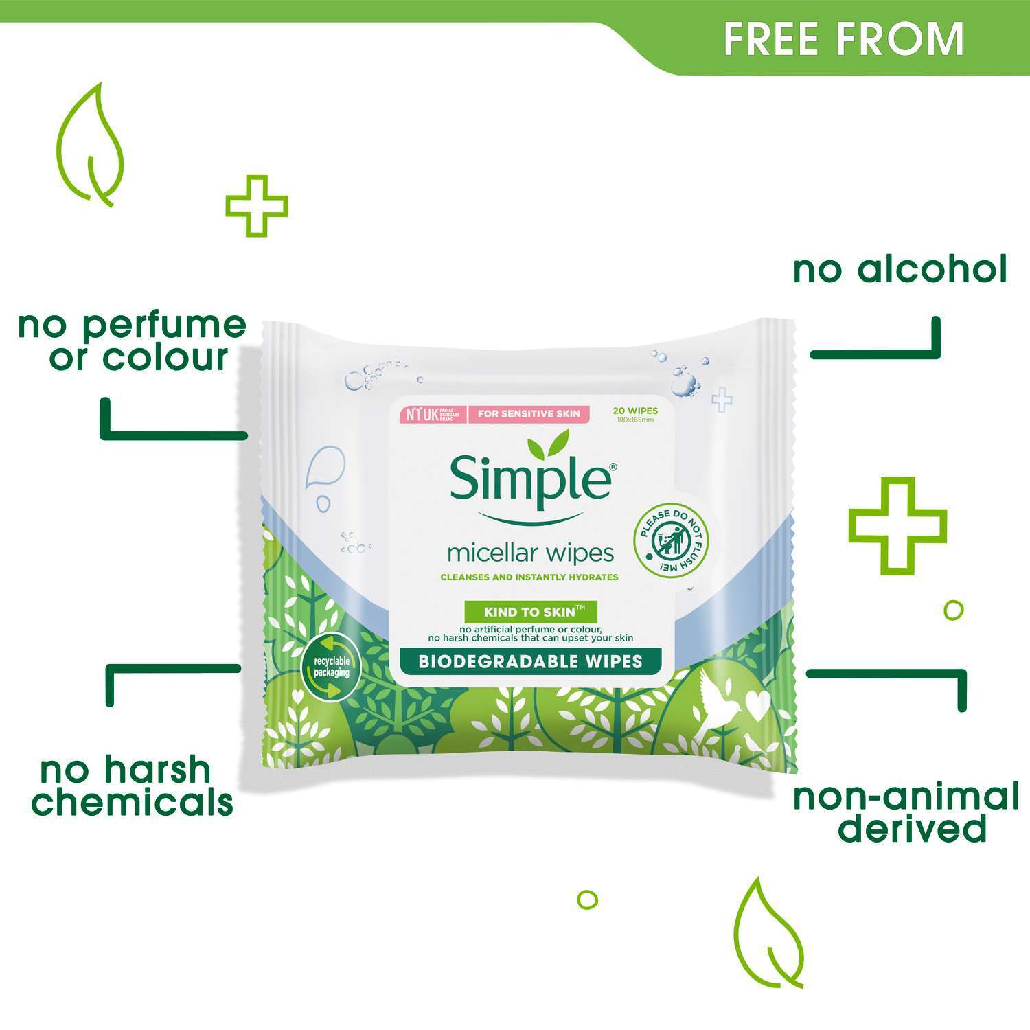 Simple micellar wipes packaging with green and white design, featuring text about product benefits.