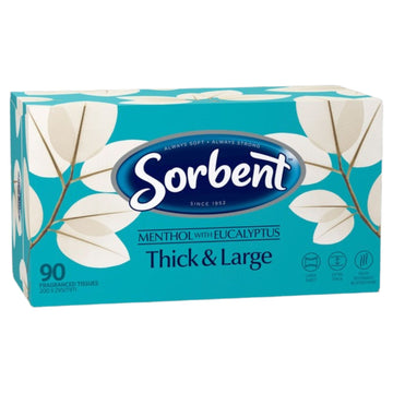 Sorbent thick and large tissues packaging with teal design and eucalyptus leaves.