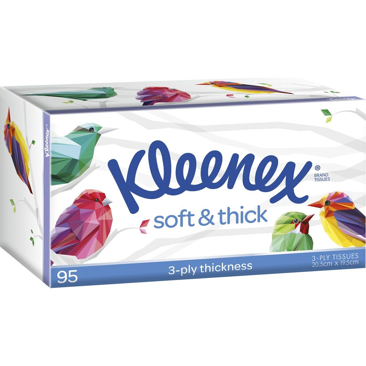 Kleenex tissue box with colorful bird illustrations on a white background