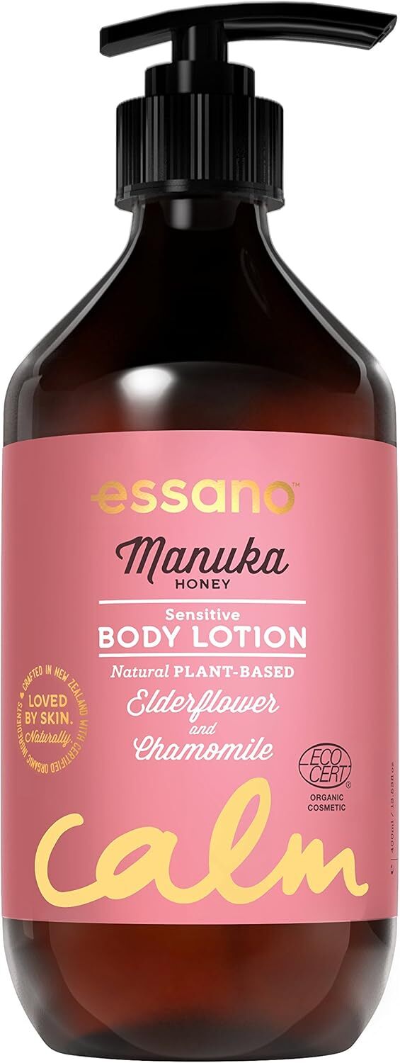 Essano Manuka Honey body lotion bottle with pump on pink background
