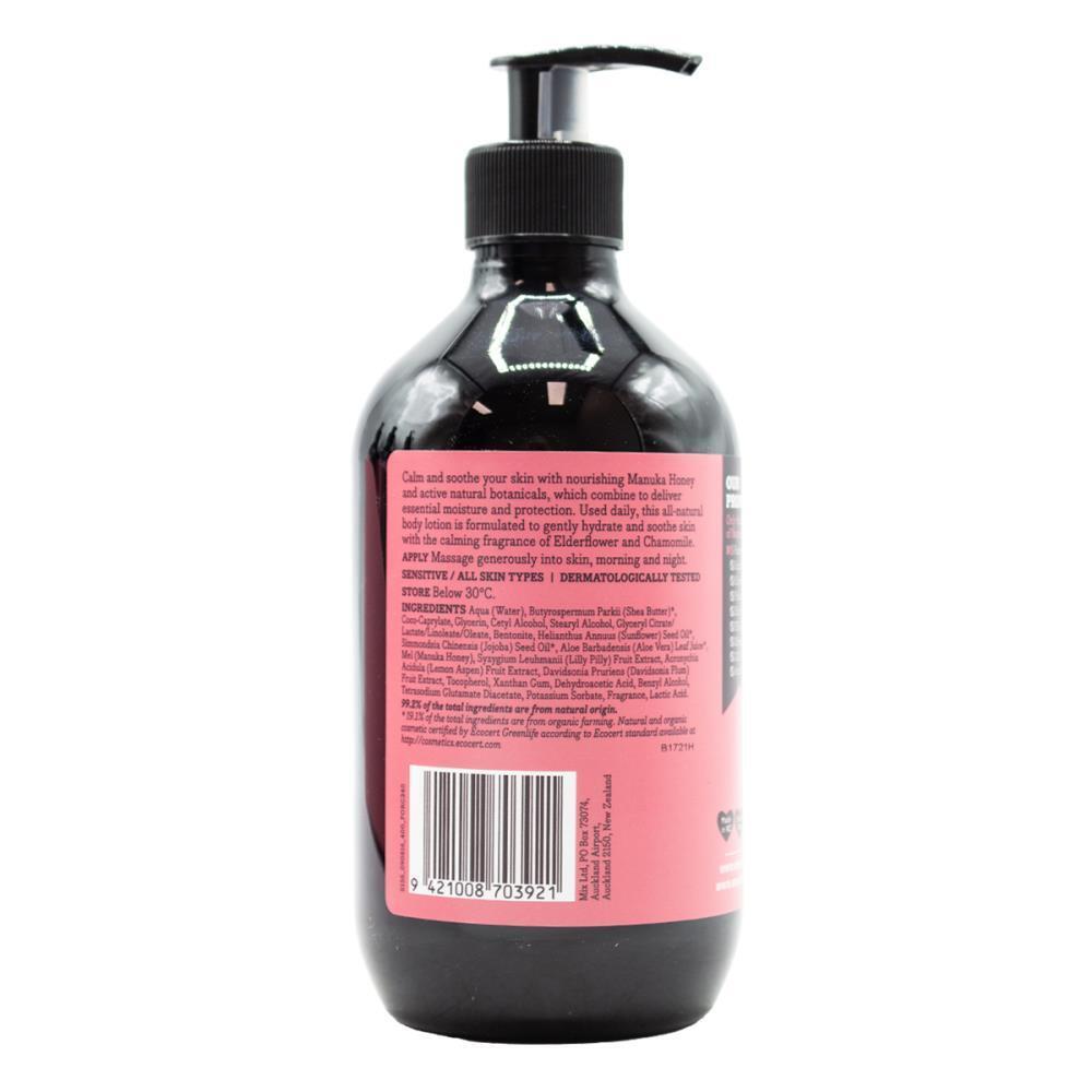 Black bottle with pump and pink label on a white background
