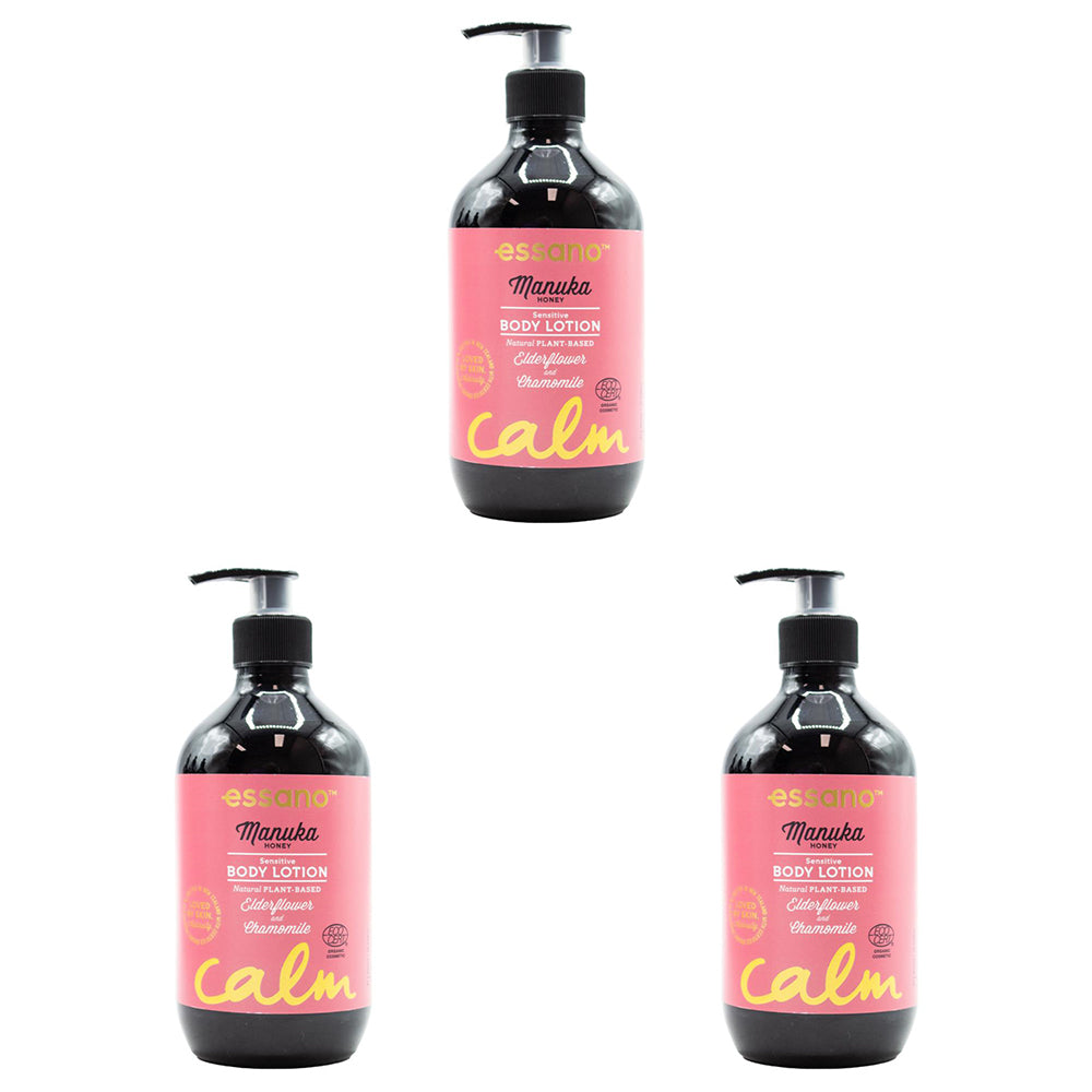 Three bottles of Essentia Manuka Honey Body Lotion on a white background