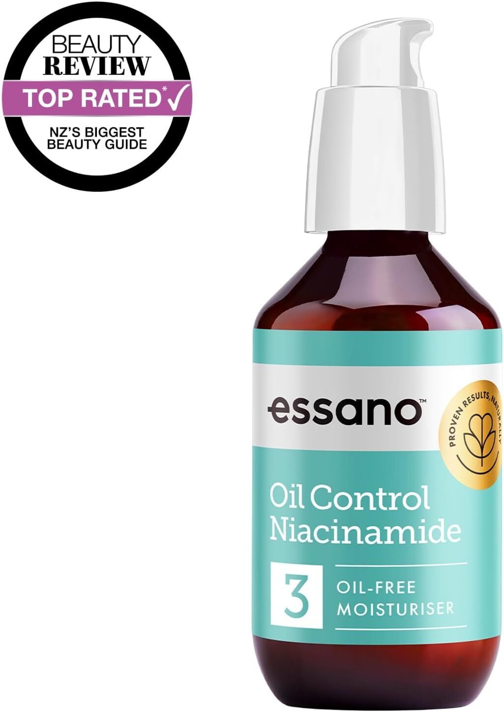 Essano Oil Control Niacinamide bottle with a top-rated badge on a white background