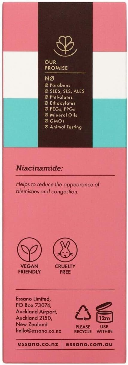 Product packaging with text and icons on a pink and brown background