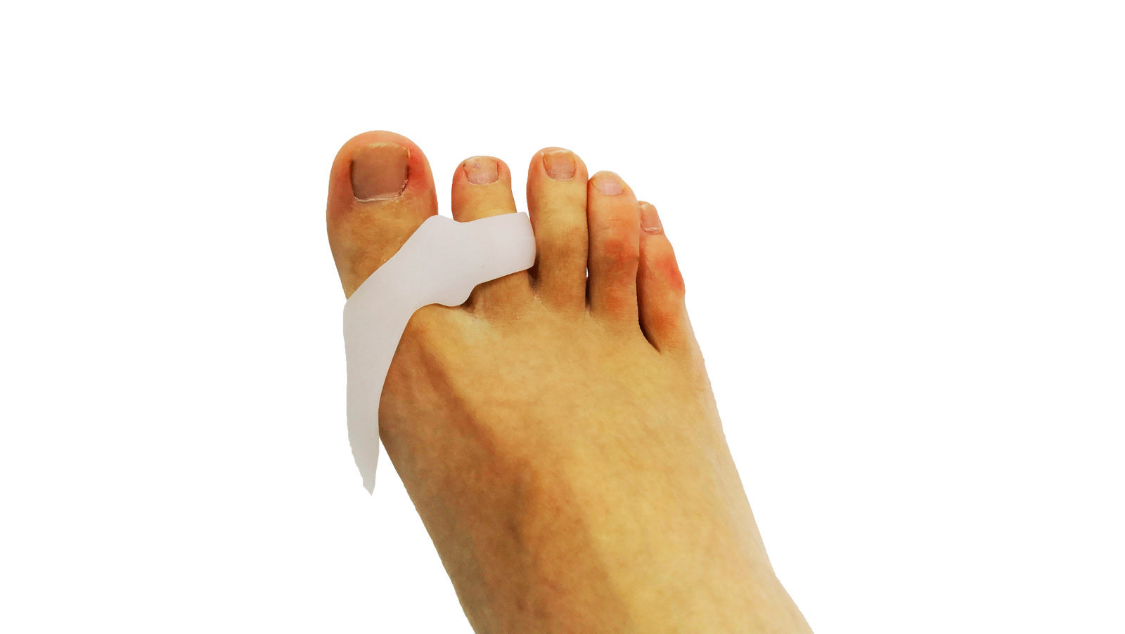 Foot with a bandage on the big toe against a white background