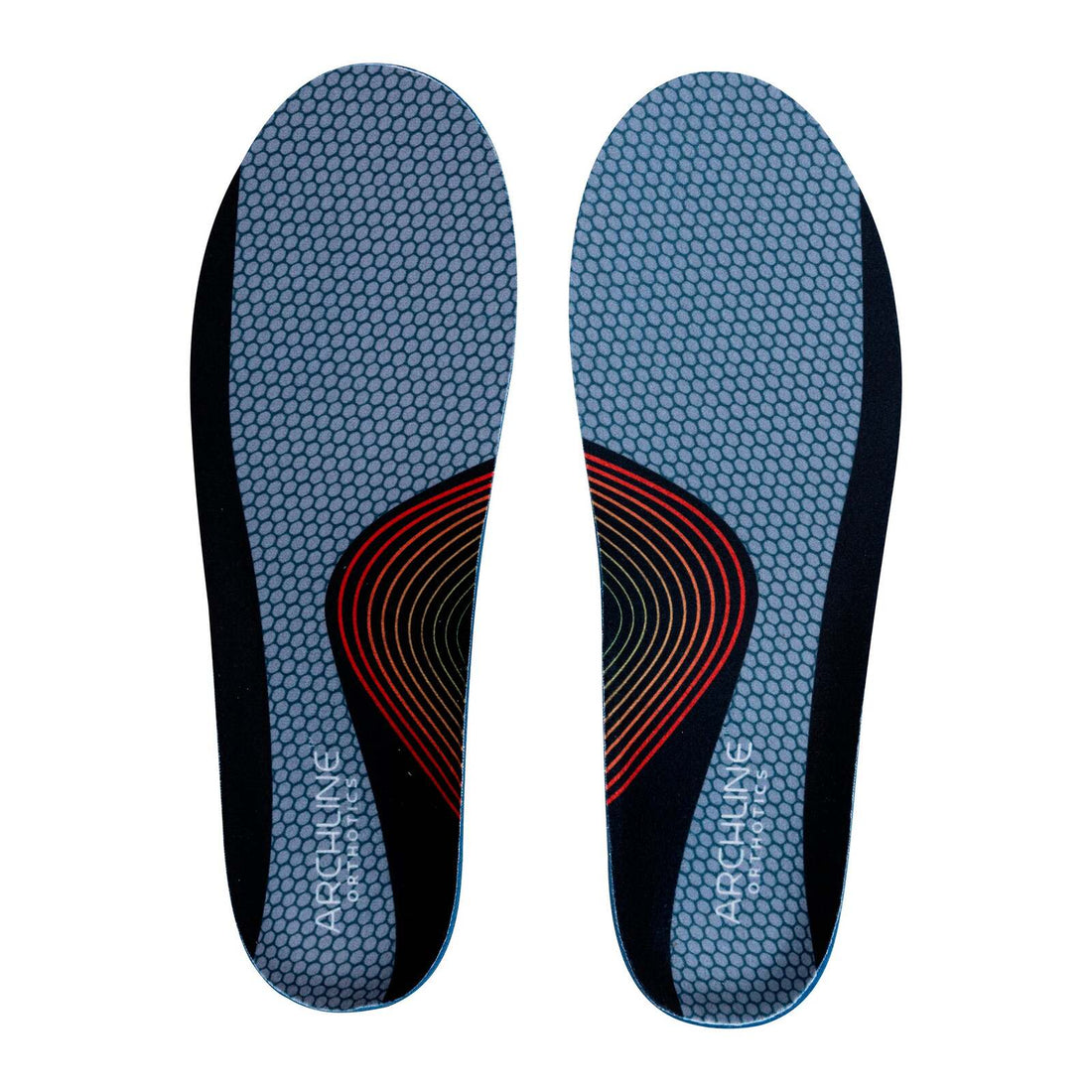 Pair of blue shoe insoles with a red arch support on a white background