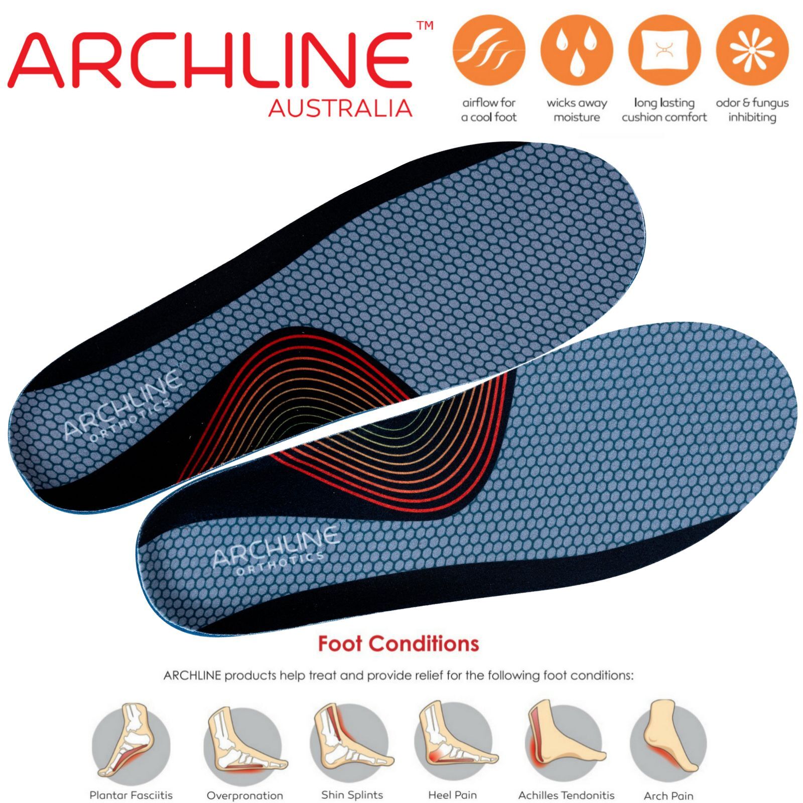 Archline Australia shoe insoles with features and benefits on a white background