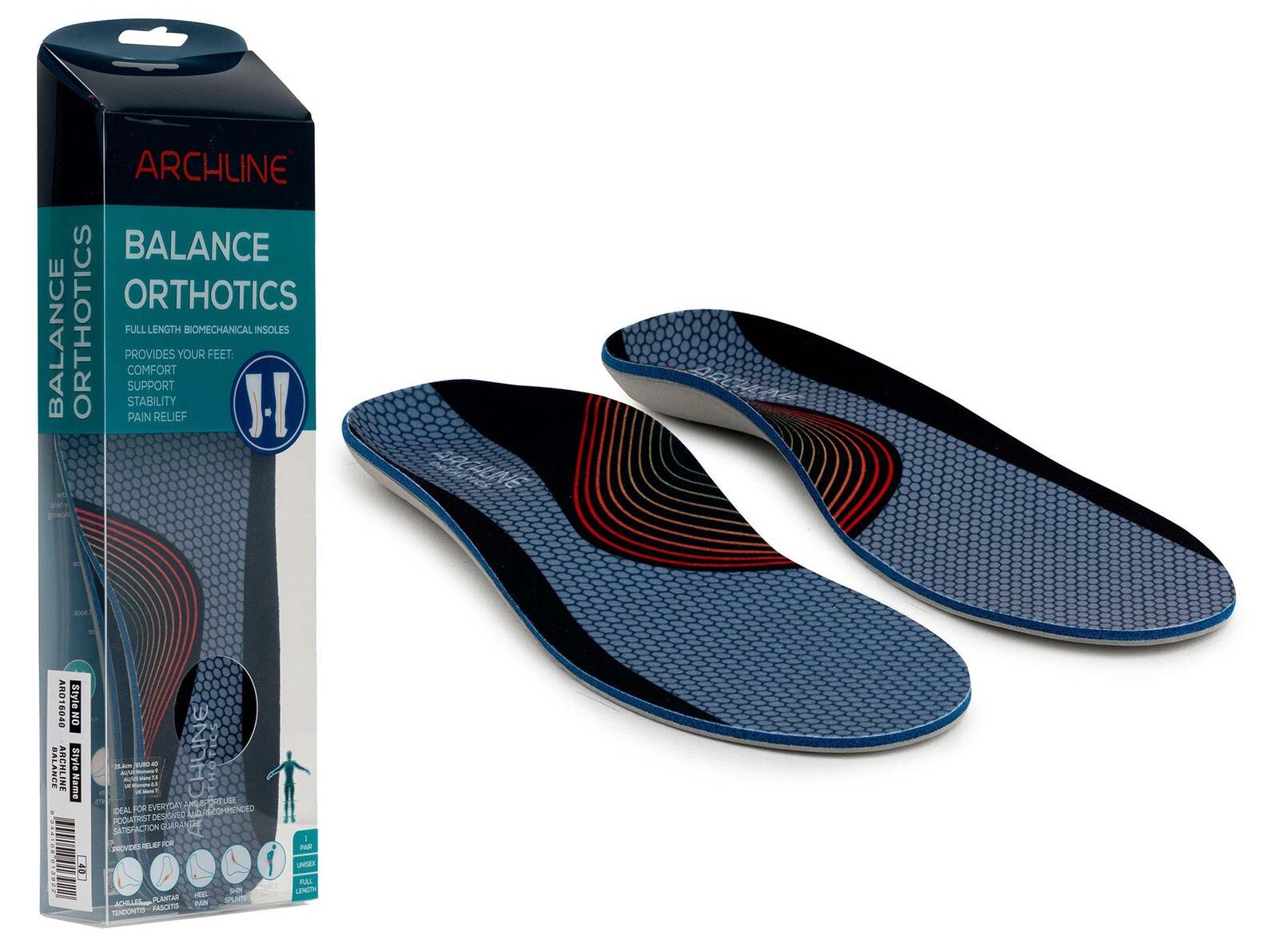 Pair of blue orthotic insoles with packaging on a white background