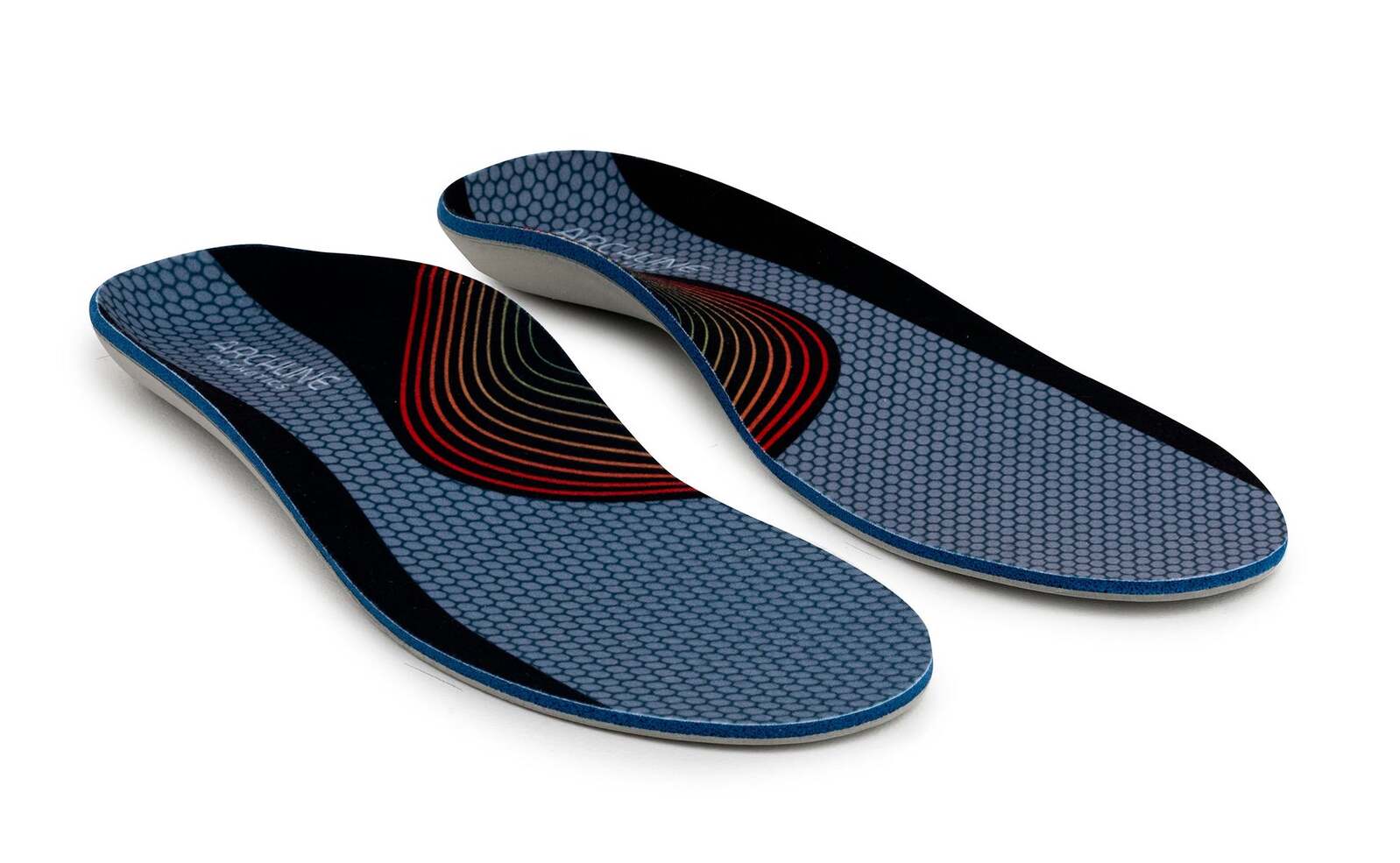 Pair of blue and black shoe insoles on a white background