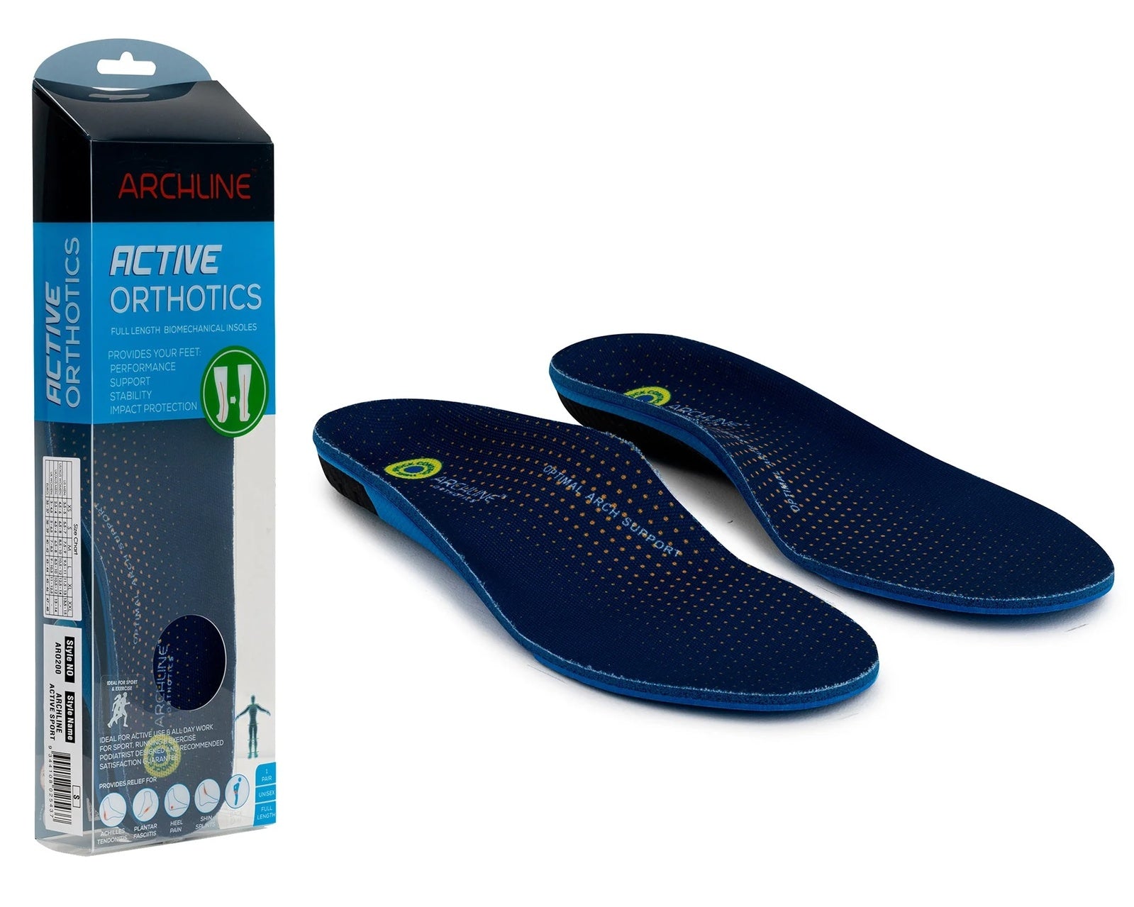 Blue orthotic insoles with packaging on a white background