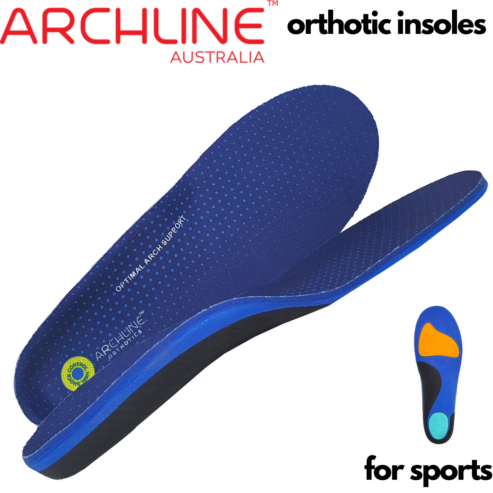 Blue orthotic insole with ARCHLINE Australia branding on a white background