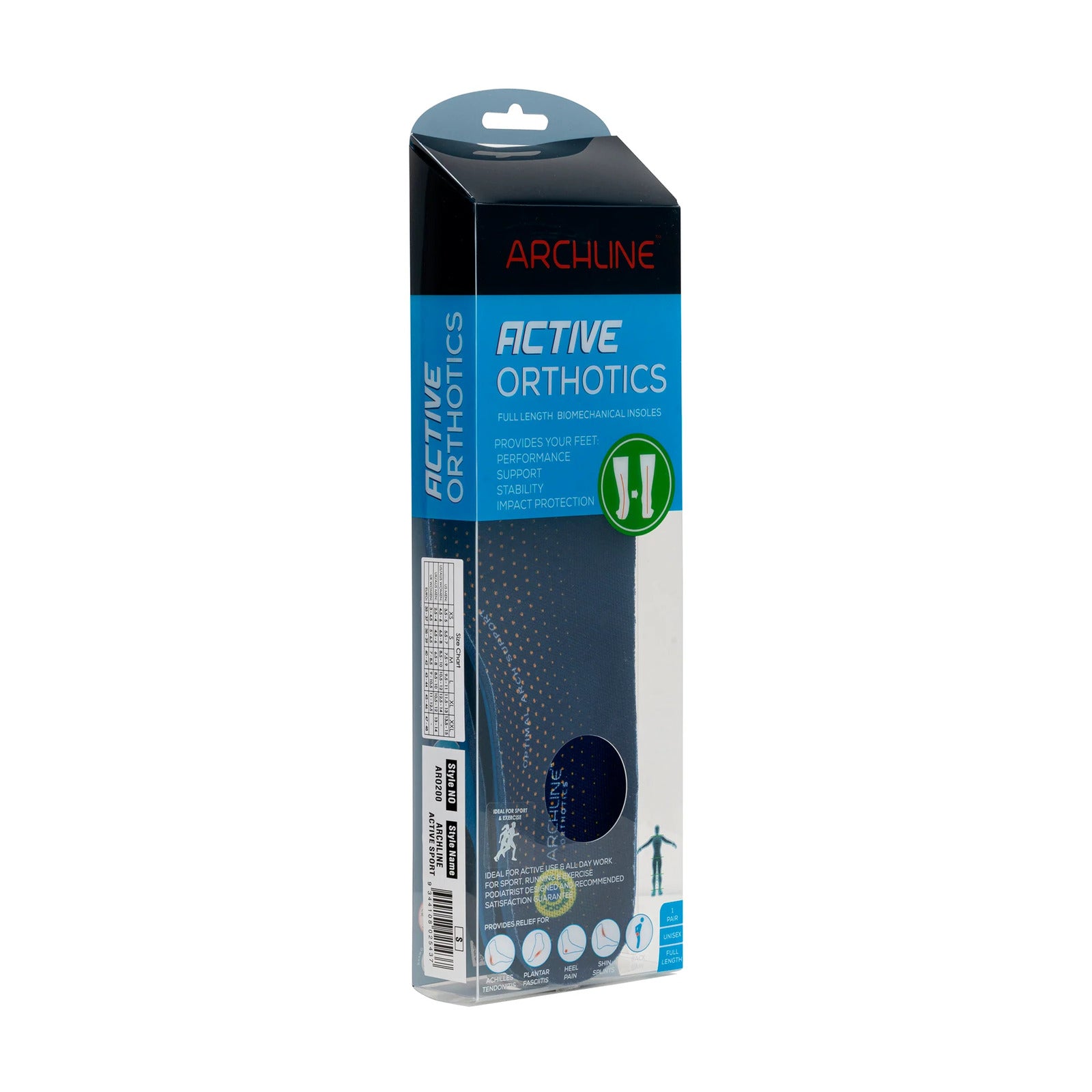 Packaged orthotic in a clear box with Archline branding on a white background