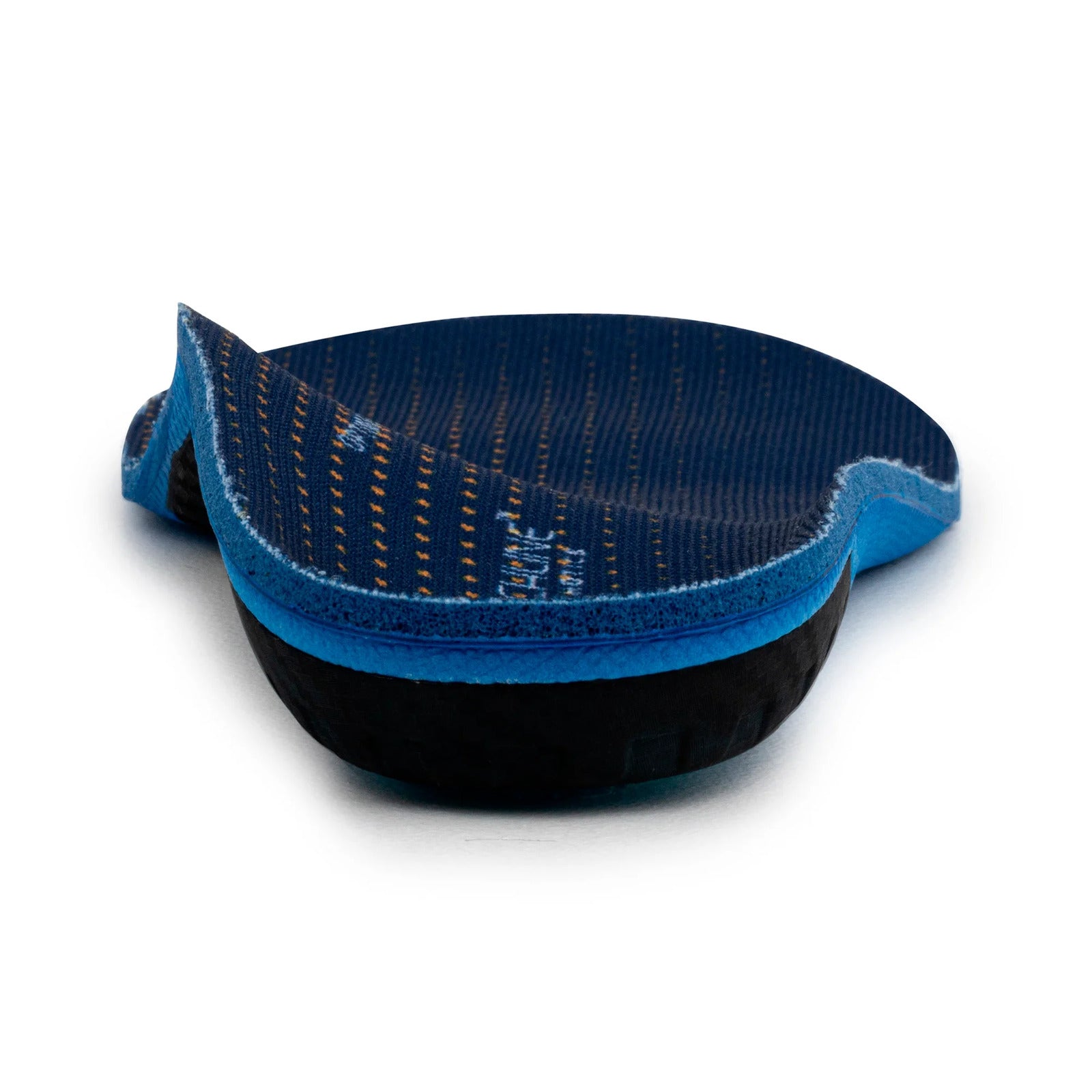 Blue and black shoe insert on a white background
