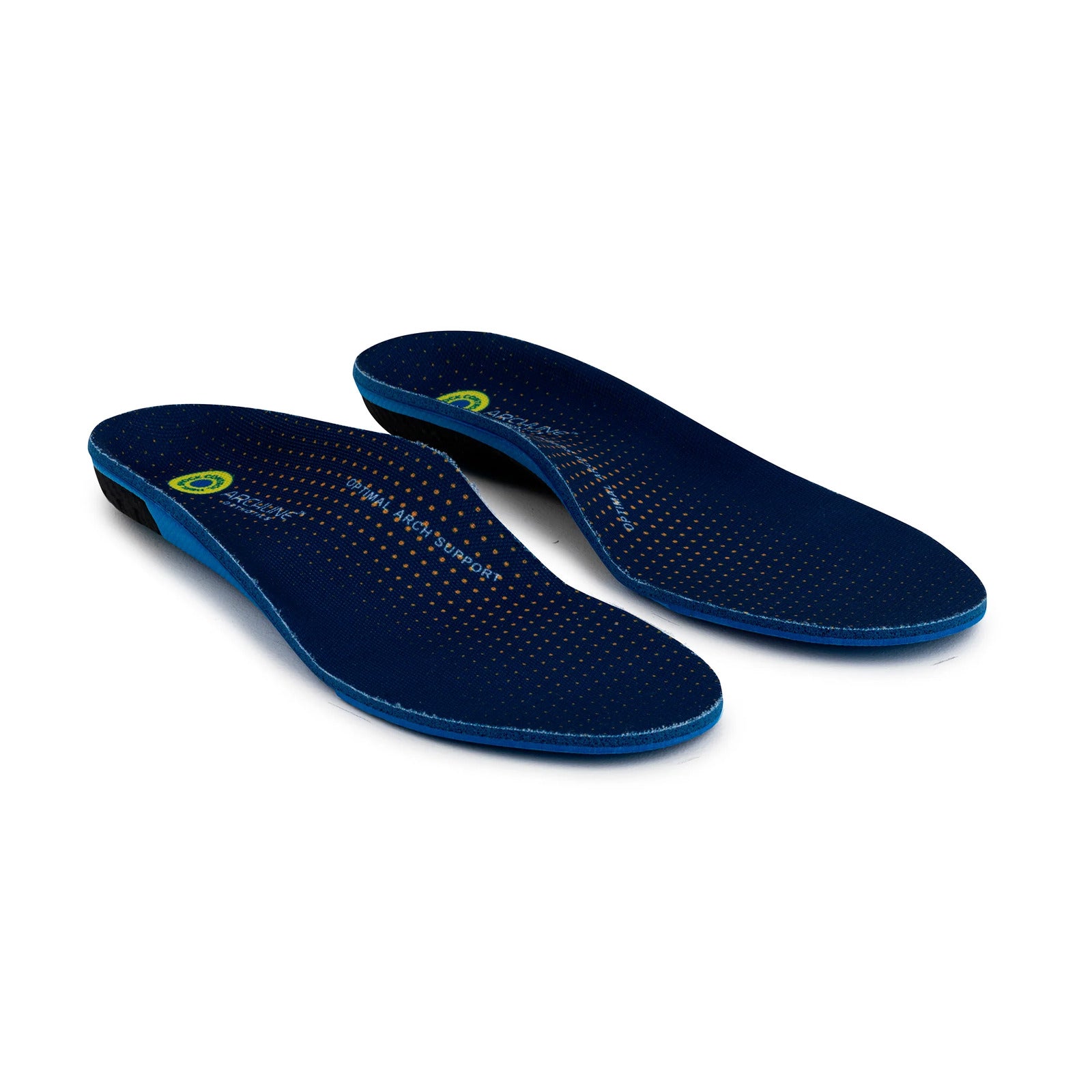 Pair of blue shoe insoles on a white background
