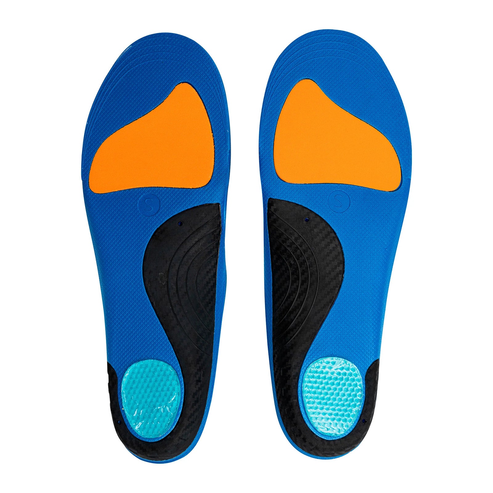 Blue and orange shoe insoles on a white background