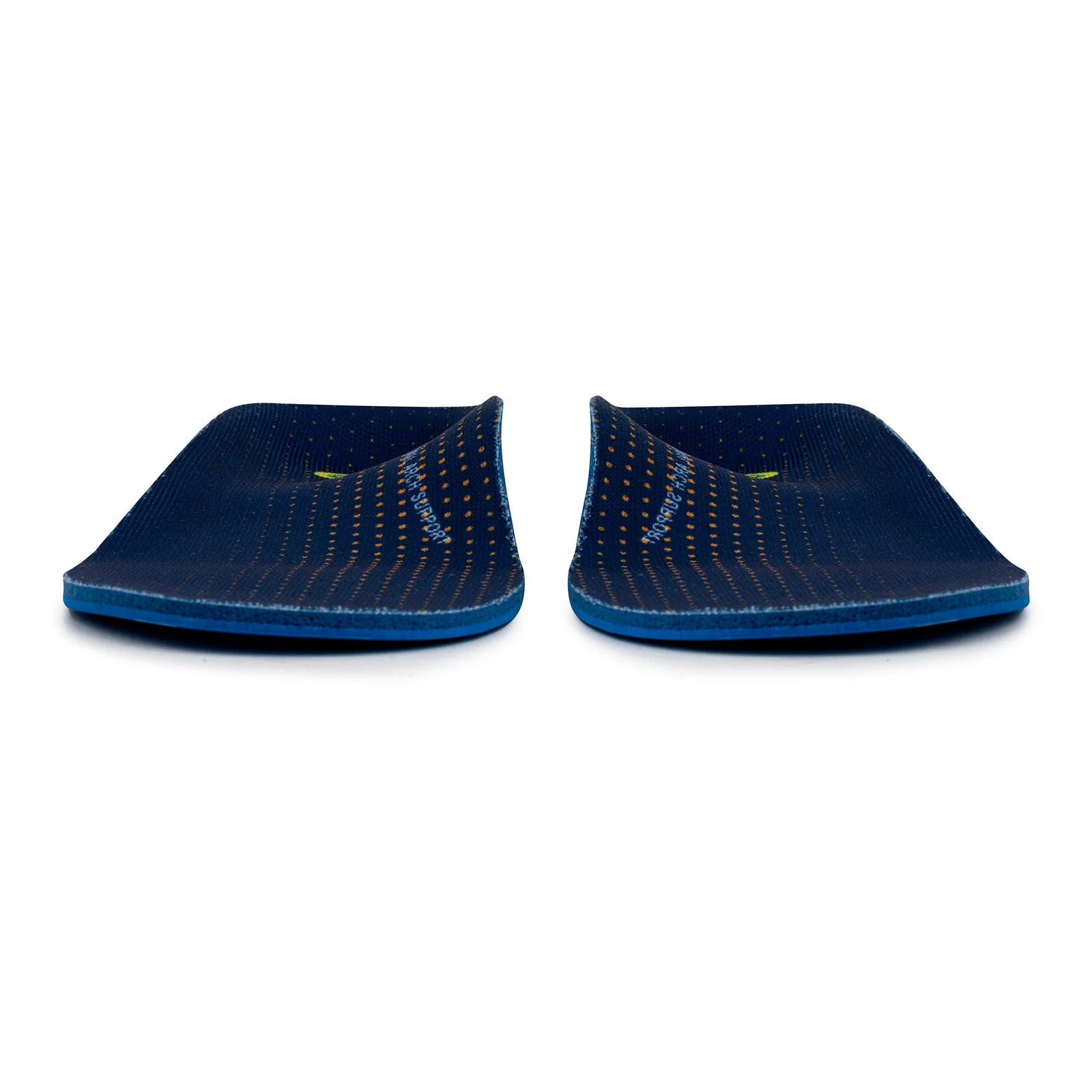 Pair of blue orthotic inserts on a white background