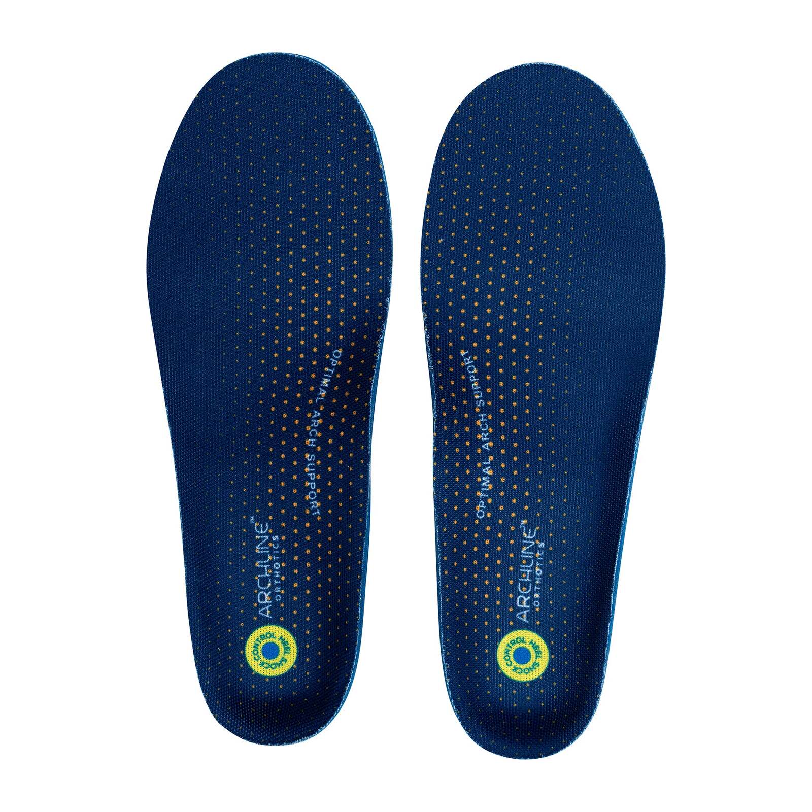 Pair of blue shoe insoles with brand logo on a white background