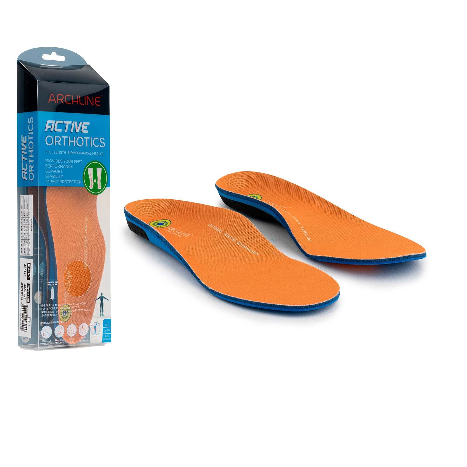 Orange orthotic insoles with packaging on a white background