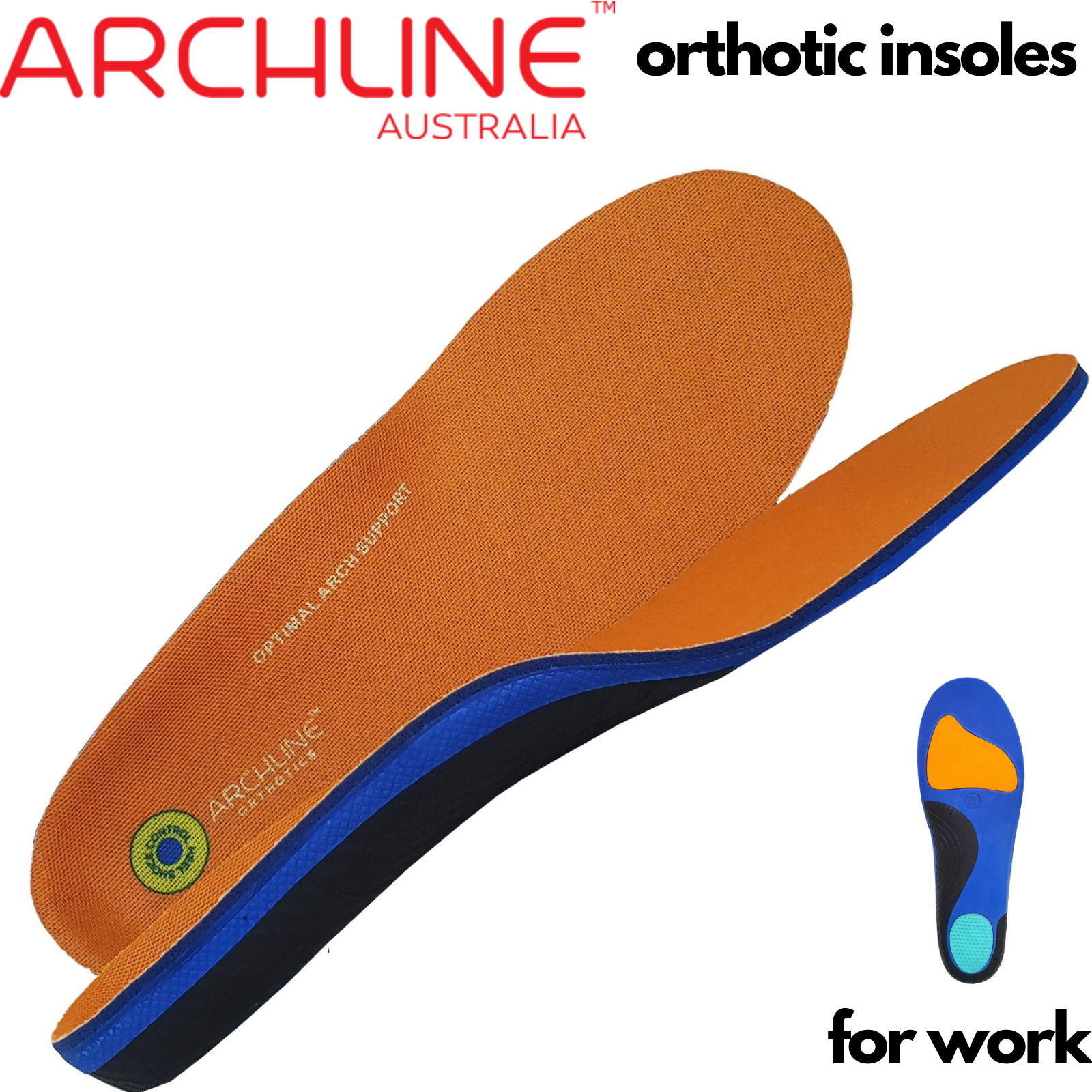 Brown orthotic insole with blue sole on a white background, featuring ARCHLINE Australia branding.