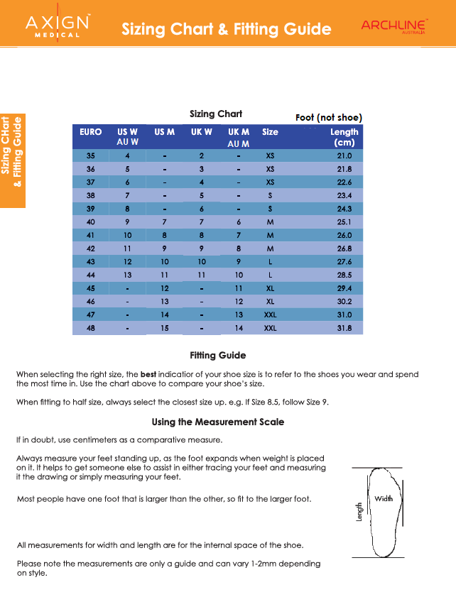 Sizing chart and fitting guide for shoes with measurement details.
