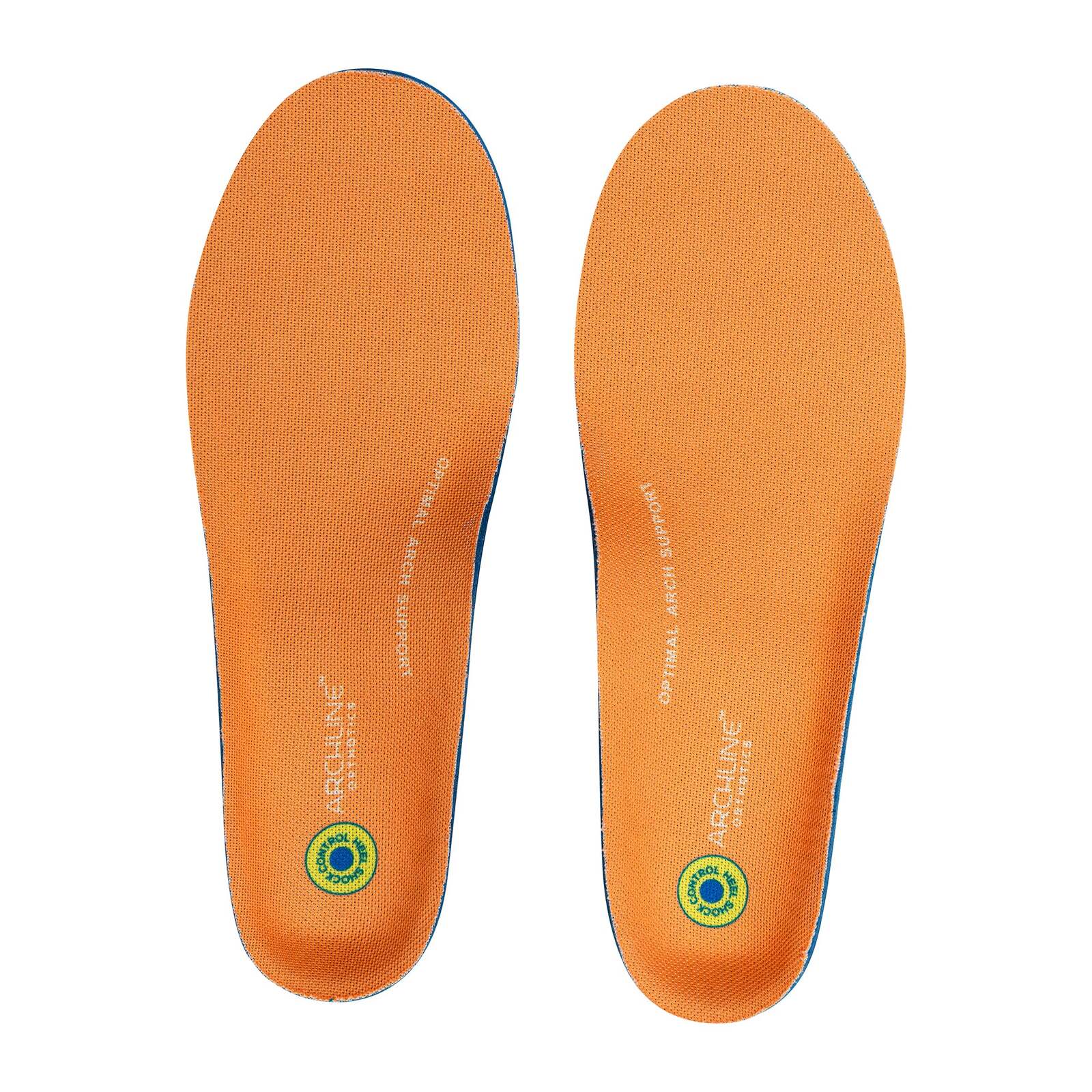 Orange shoe insoles with a brand logo on a white background