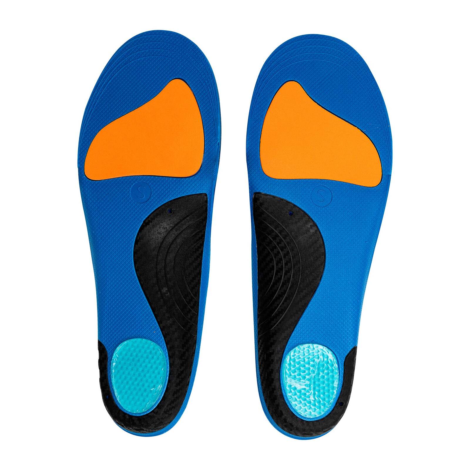 Blue and orange shoe insoles on a white background