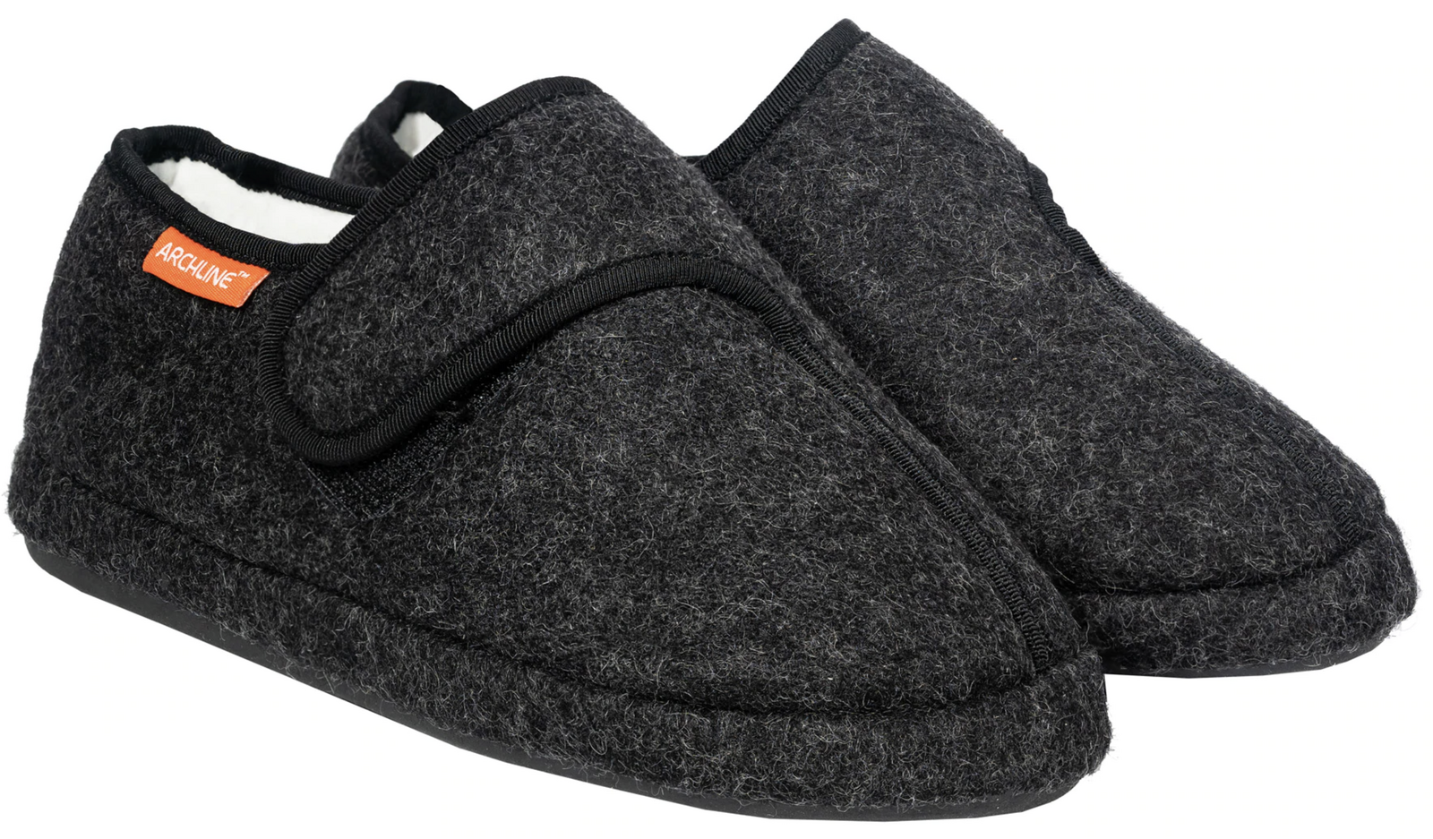 Pair of dark gray slippers with a brand tag on a white background
