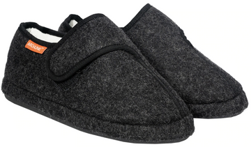 Pair of dark gray slippers with a brand tag on a white background