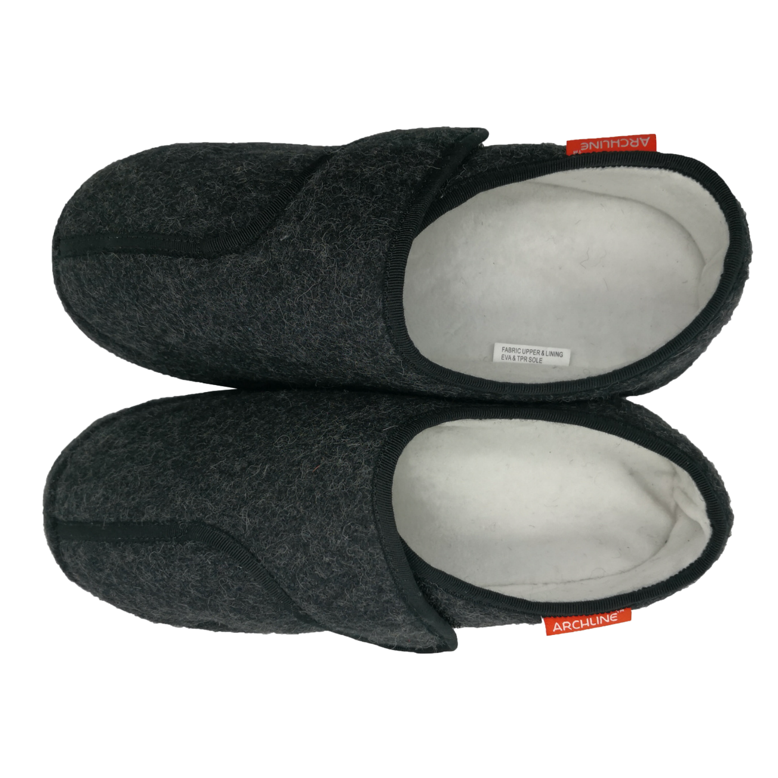 Pair of gray slippers with a brand label on a white background