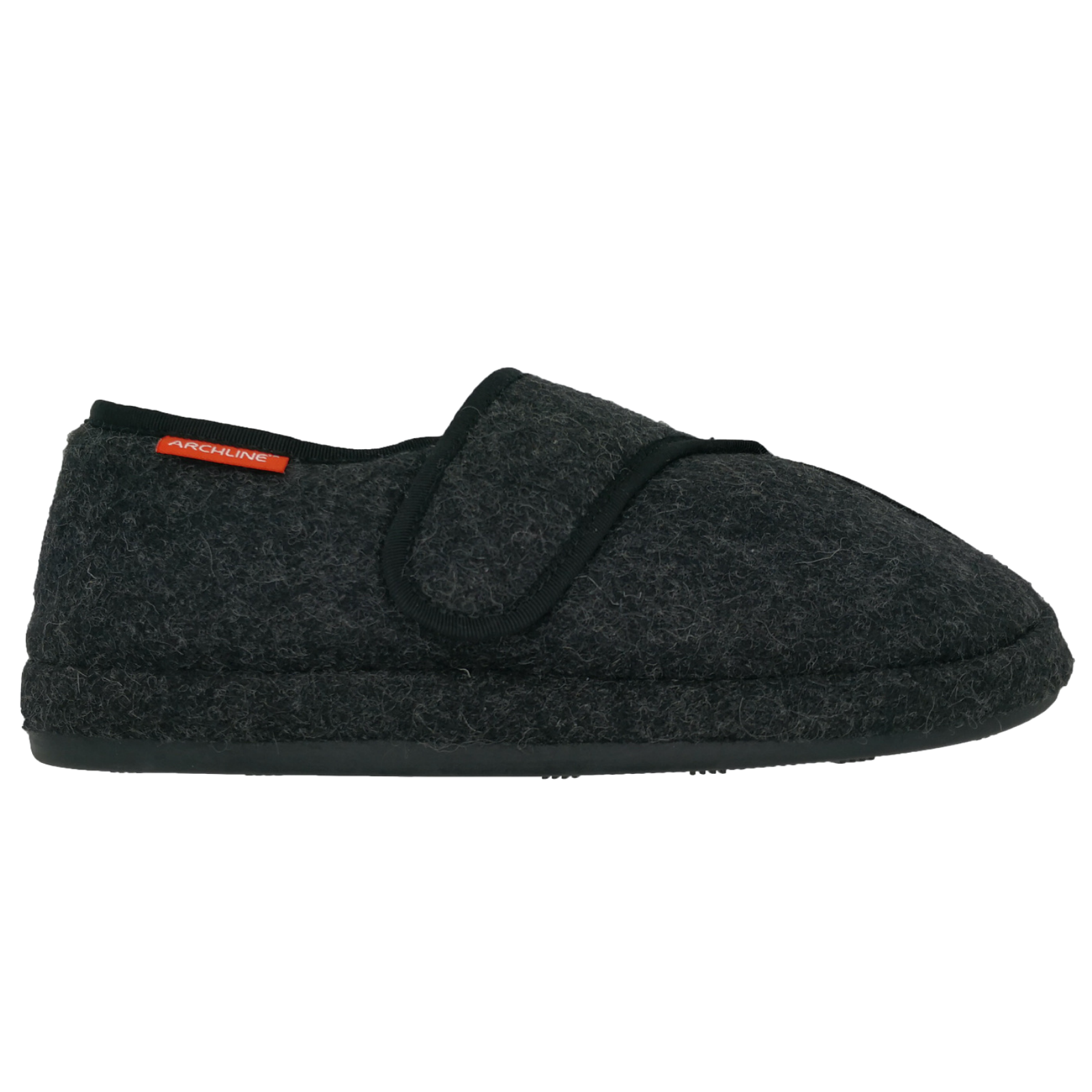 Dark gray slipper with a brand label on a white background