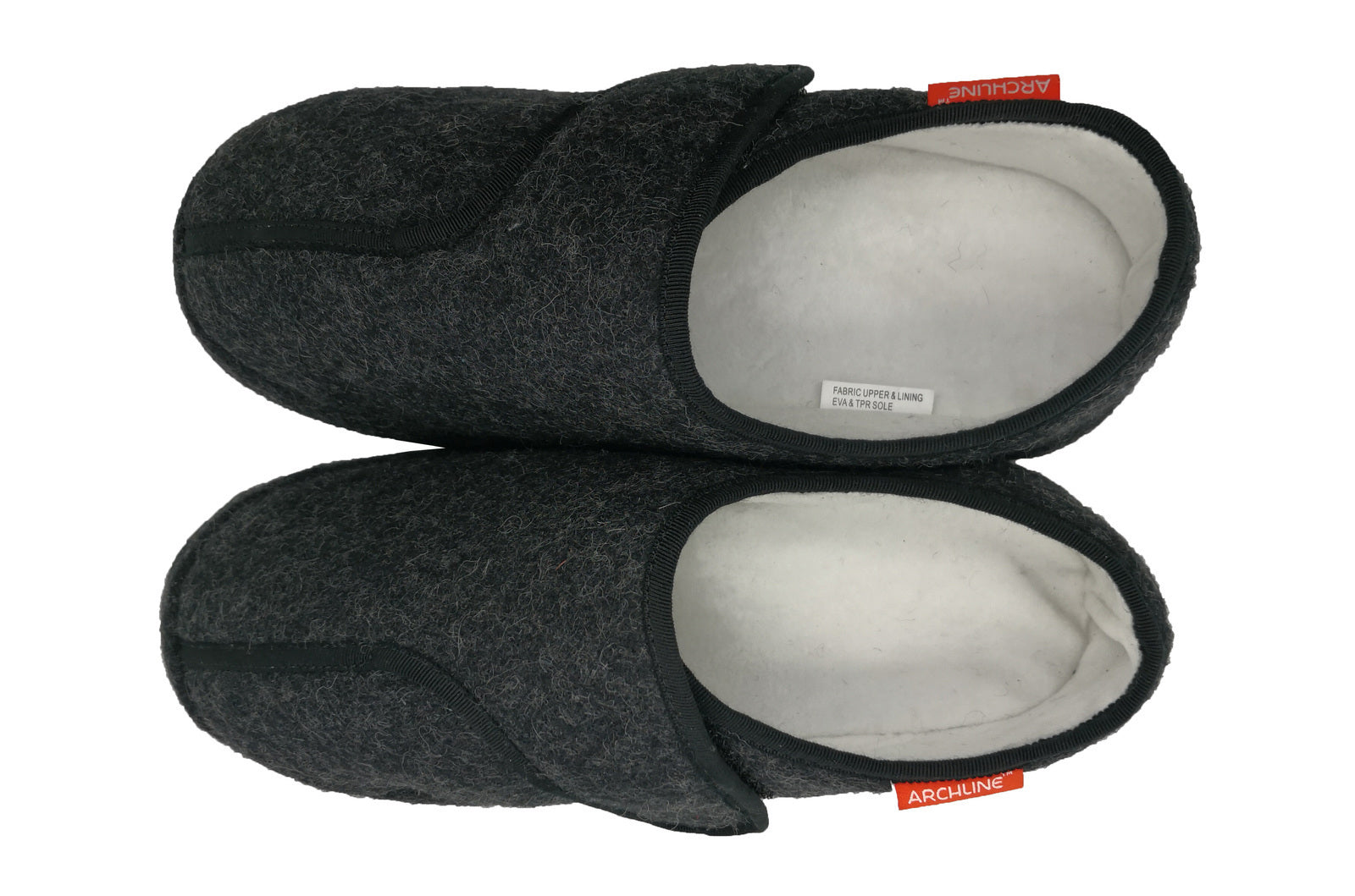 Pair of dark gray slippers with white interior on a white background