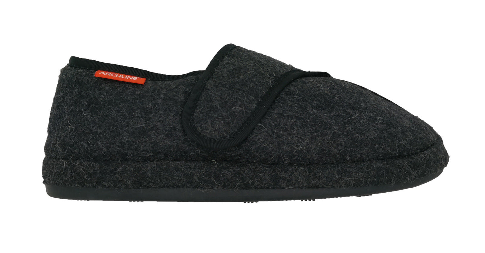 Dark gray slipper with a strap on a white background
