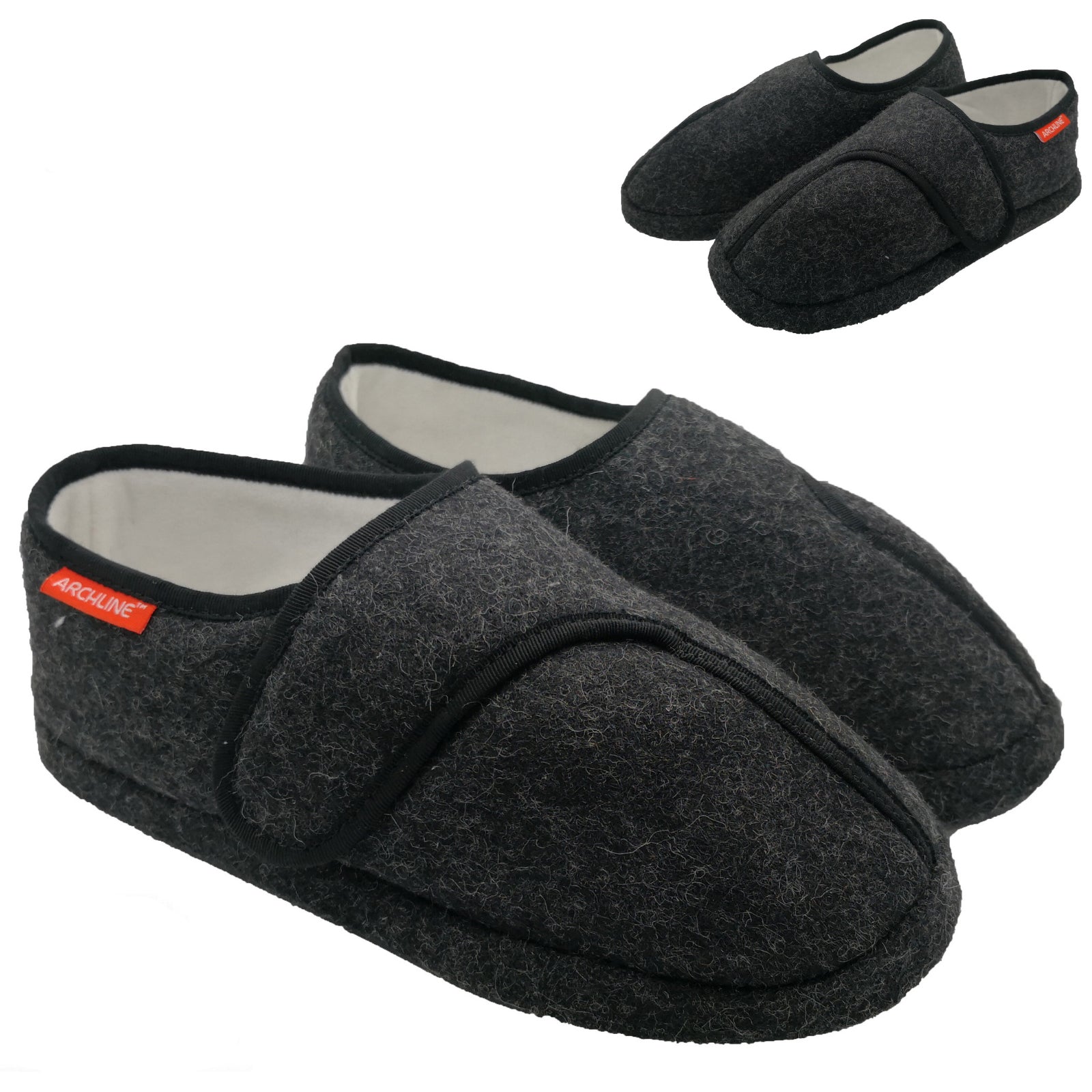 Pair of dark gray slippers with a brand label on a white background