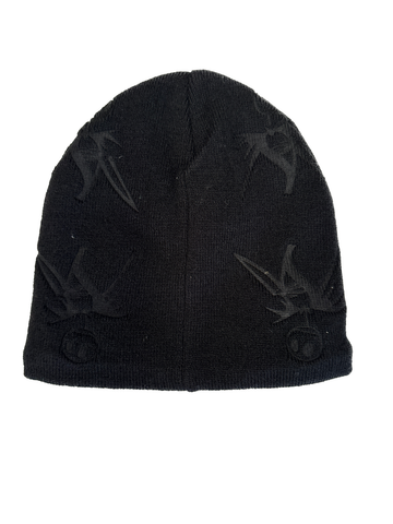 Black beanie with embossed logo on a white background