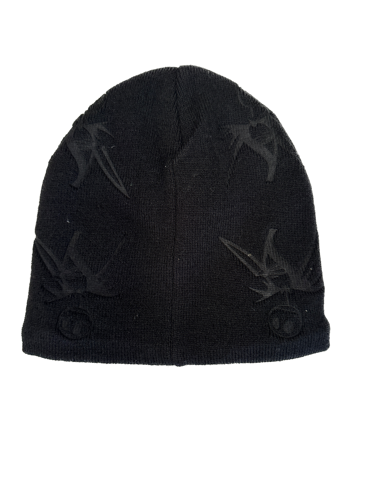 Black beanie with embossed logo on a white background