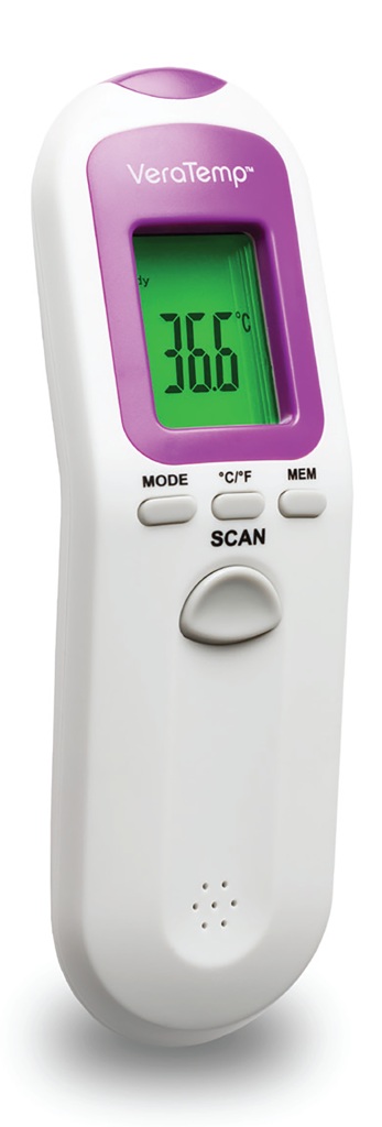 Digital thermometer with green display and white and purple design on a white background